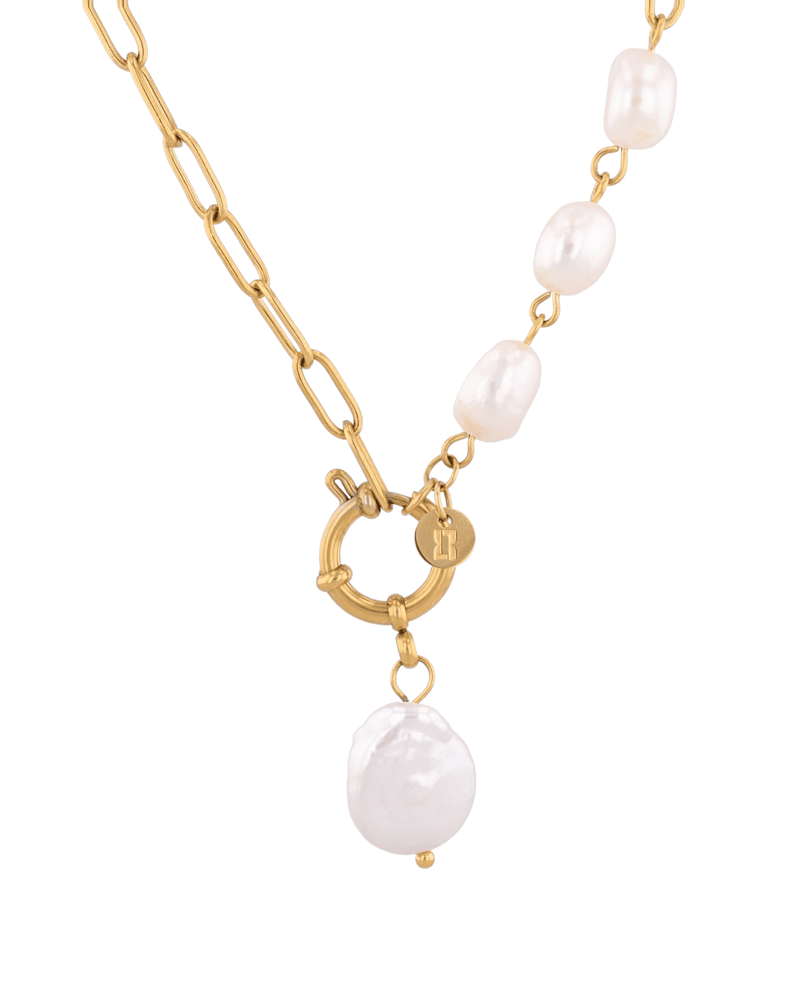 Positano gold pearl necklace by Lavana, asymmetric paperclip links with baroque pearl drop