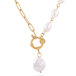 Positano gold pearl necklace by Lavana, asymmetric paperclip links with baroque pearl drop