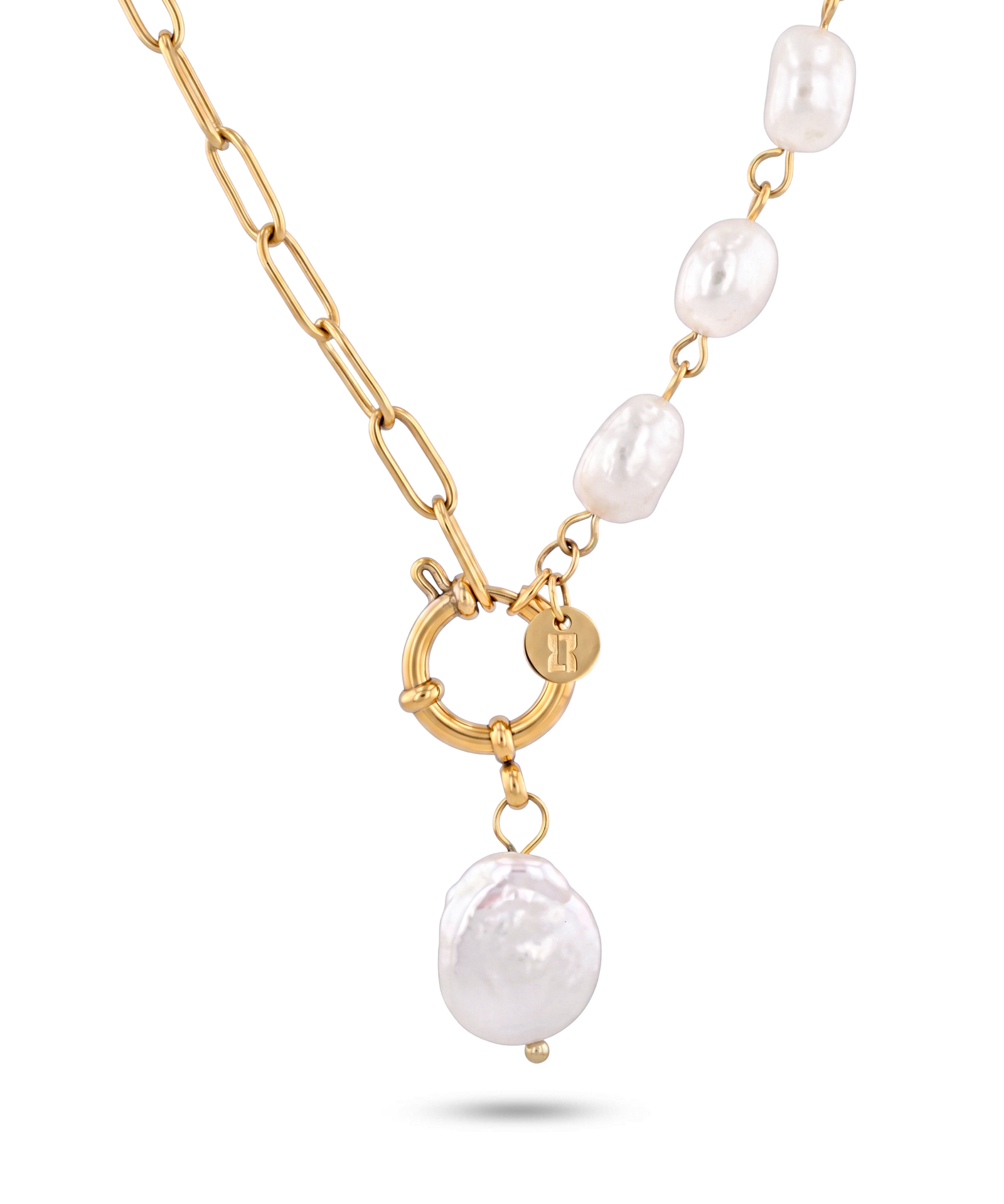 Positano gold pearl necklace by Lavana, asymmetric paperclip links with baroque pearl drop
