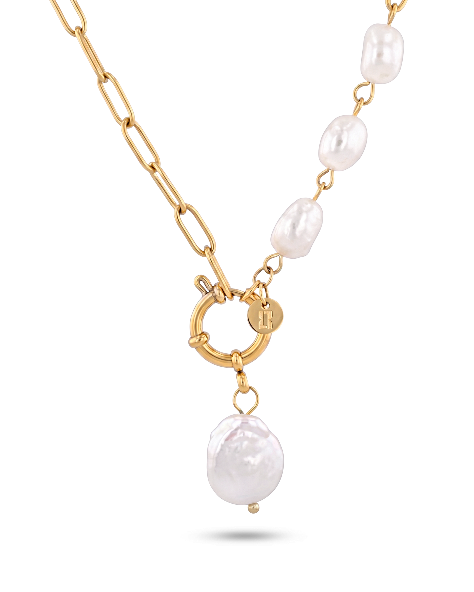 Positano gold pearl necklace by Lavana, asymmetric paperclip links with baroque pearl drop