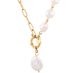 Positano gold pearl necklace by Lavana, asymmetric paperclip links with baroque pearl drop