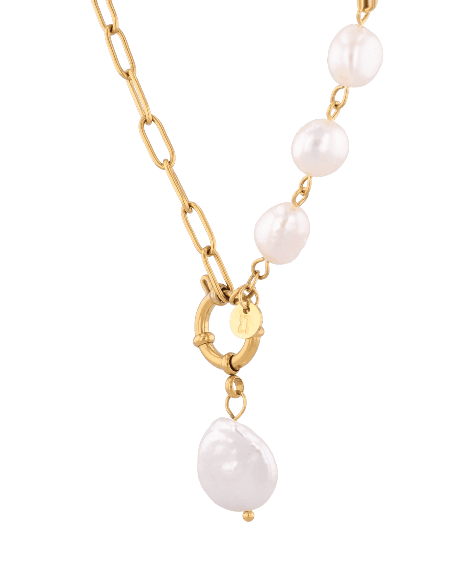 Positano gold pearl necklace by Lavana, asymmetric paperclip links with baroque pearl drop