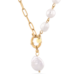 Positano gold pearl necklace by Lavana, asymmetric paperclip links with baroque pearl drop