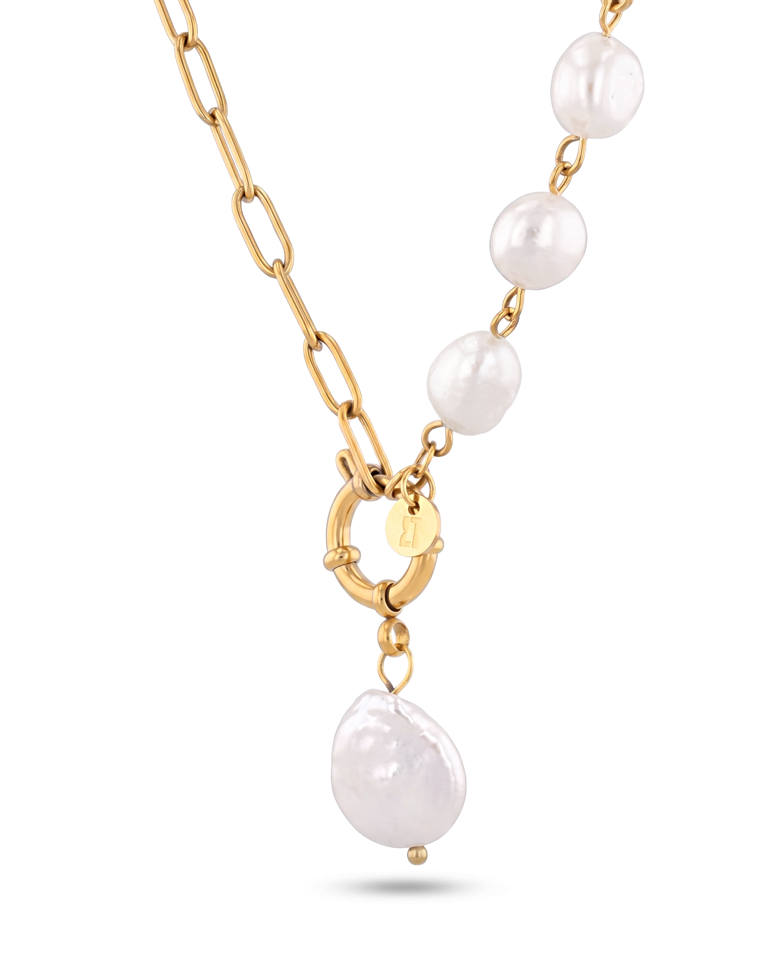 Positano gold pearl necklace by Lavana, asymmetric paperclip links with baroque pearl drop