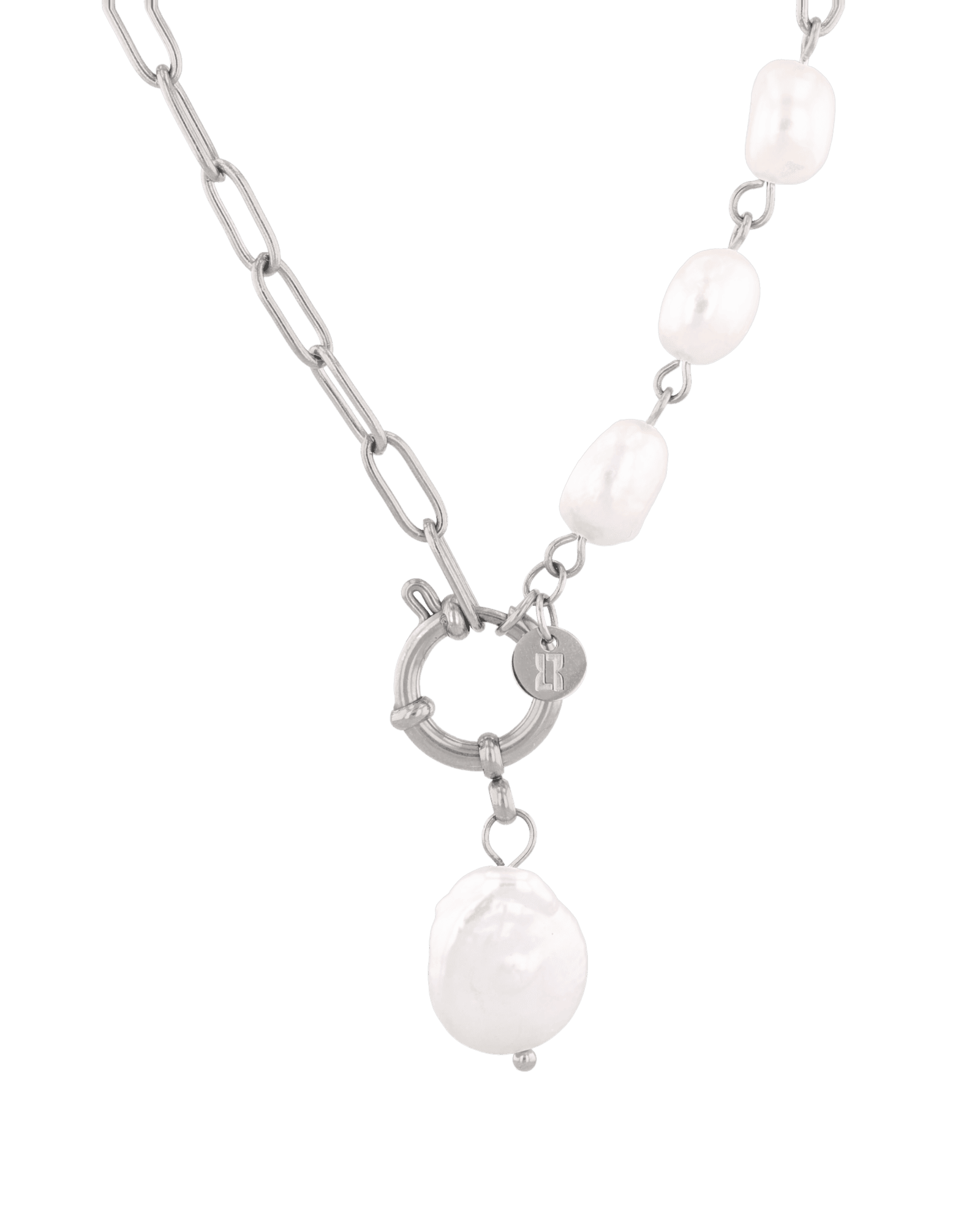 Positano silver pearl necklace by Lavana, asymmetric paperclip links with baroque pearl drop