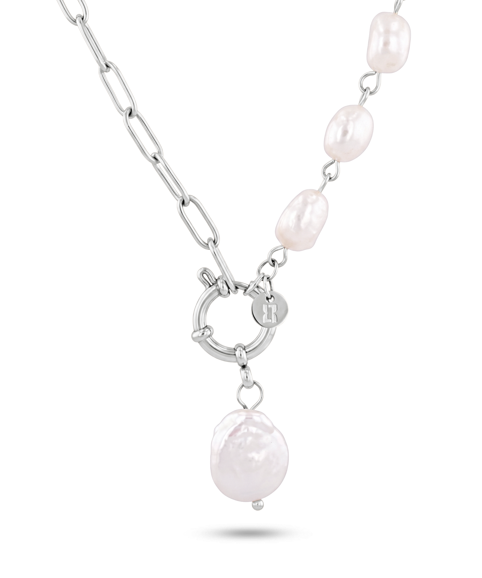 Positano silver pearl necklace by Lavana, asymmetric paperclip links with baroque pearl drop