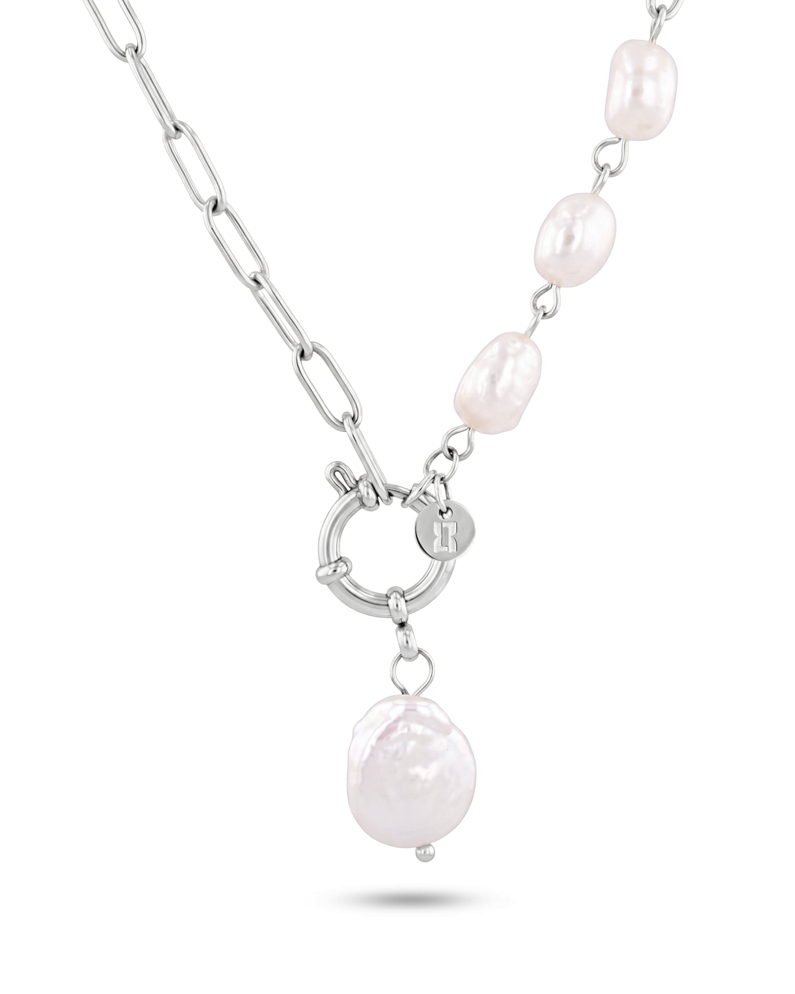 Positano silver pearl necklace by Lavana, asymmetric paperclip links with baroque pearl drop