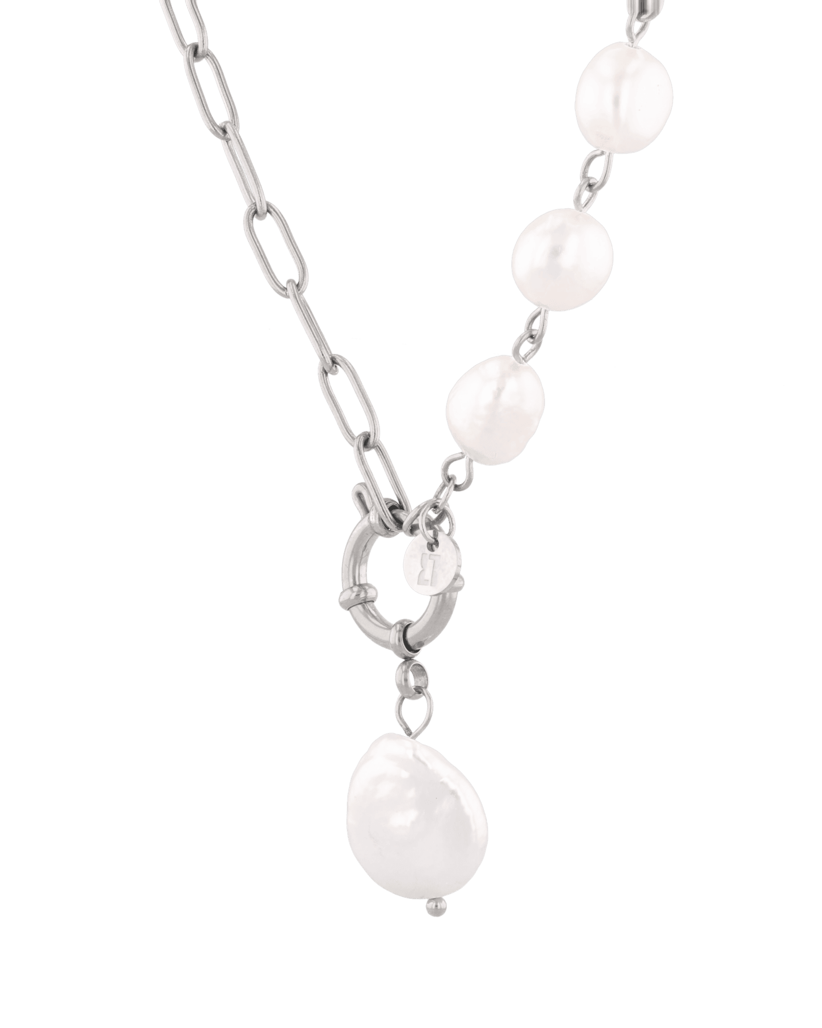 Positano silver pearl necklace by Lavana, asymmetric paperclip links with baroque pearl drop