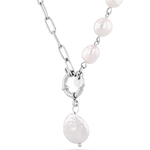 Positano silver pearl necklace by Lavana, asymmetric paperclip links with baroque pearl drop