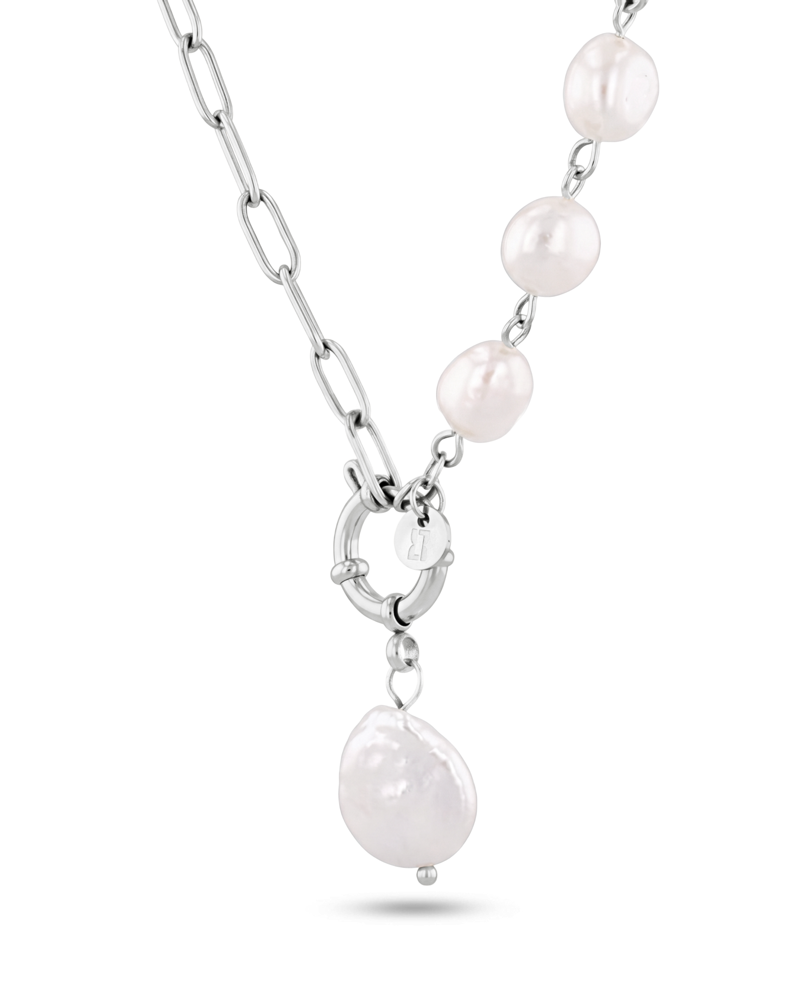 Positano silver pearl necklace by Lavana, asymmetric paperclip links with baroque pearl drop