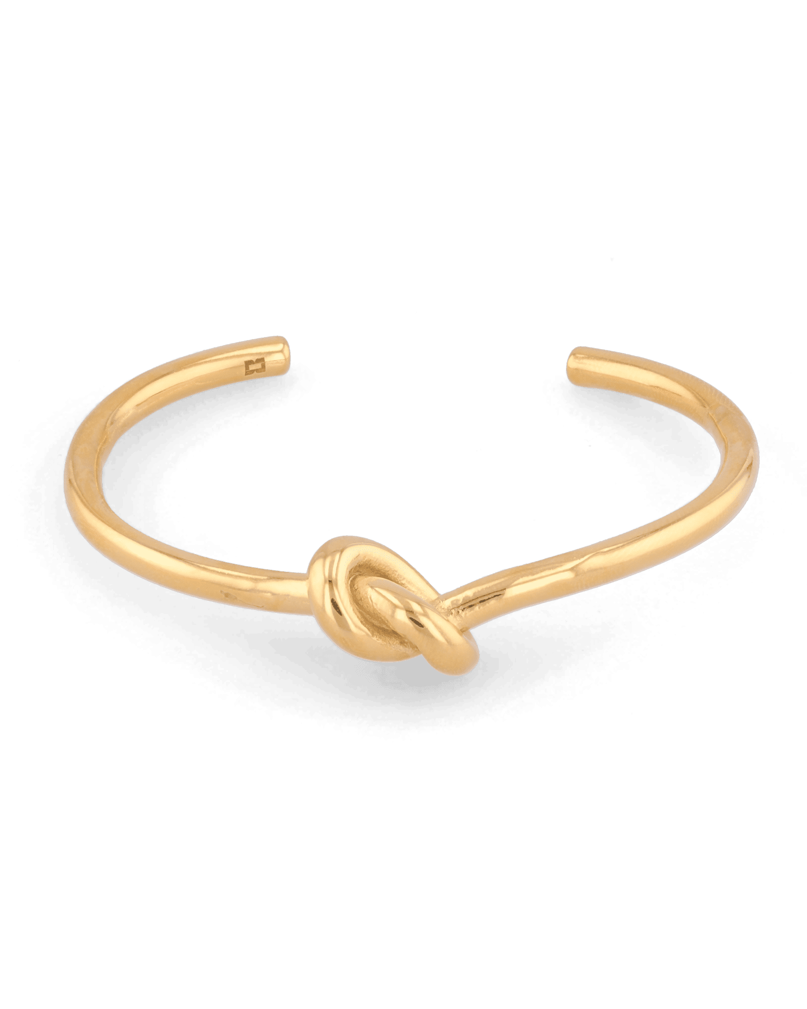 Pretzel Knot Gold Cuff Bracelet by Lavana, with polished centre knot on an open cuff - 1