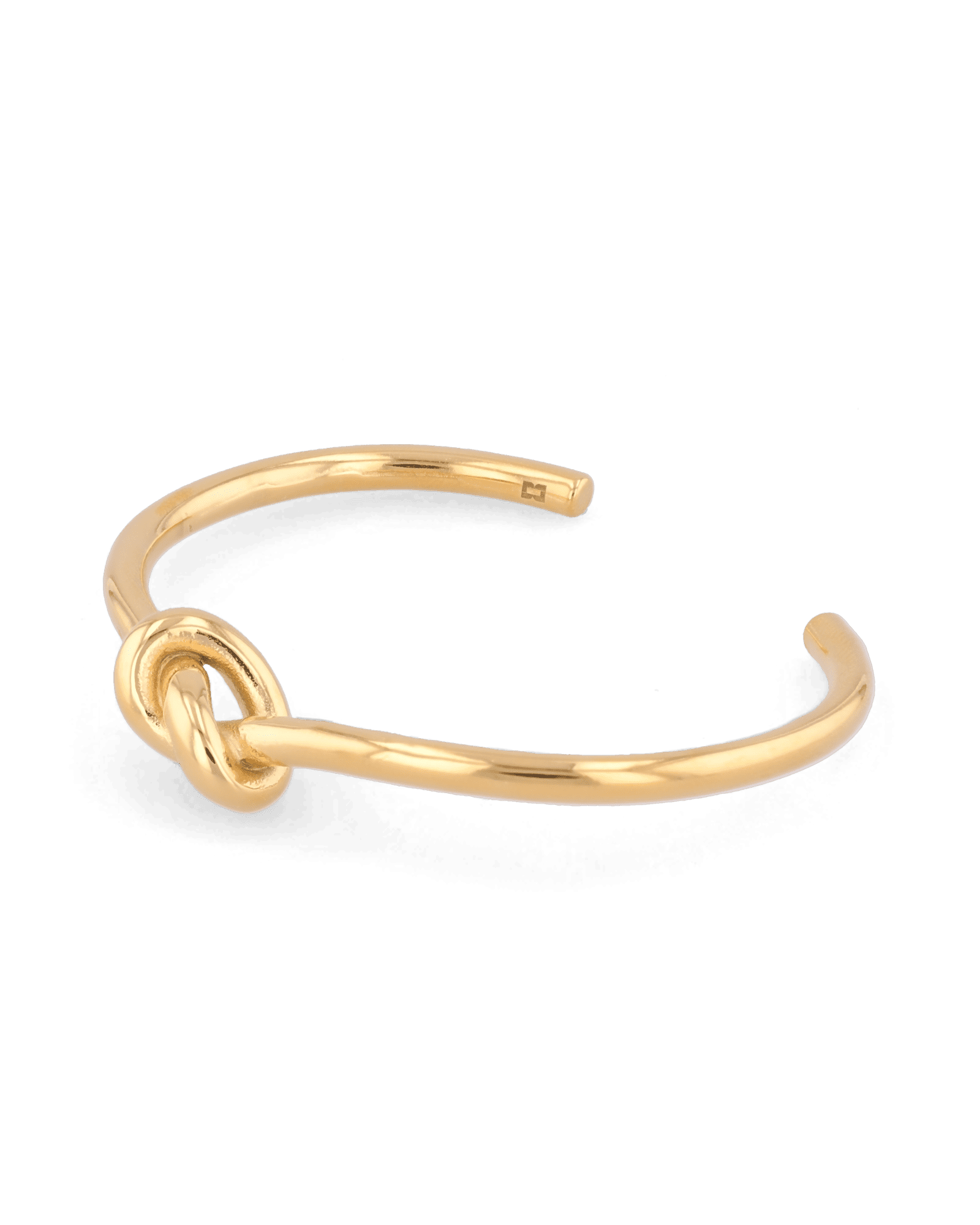 Pretzel Knot Gold Cuff Bracelet by Lavana, with polished centre knot on an open cuff - 2