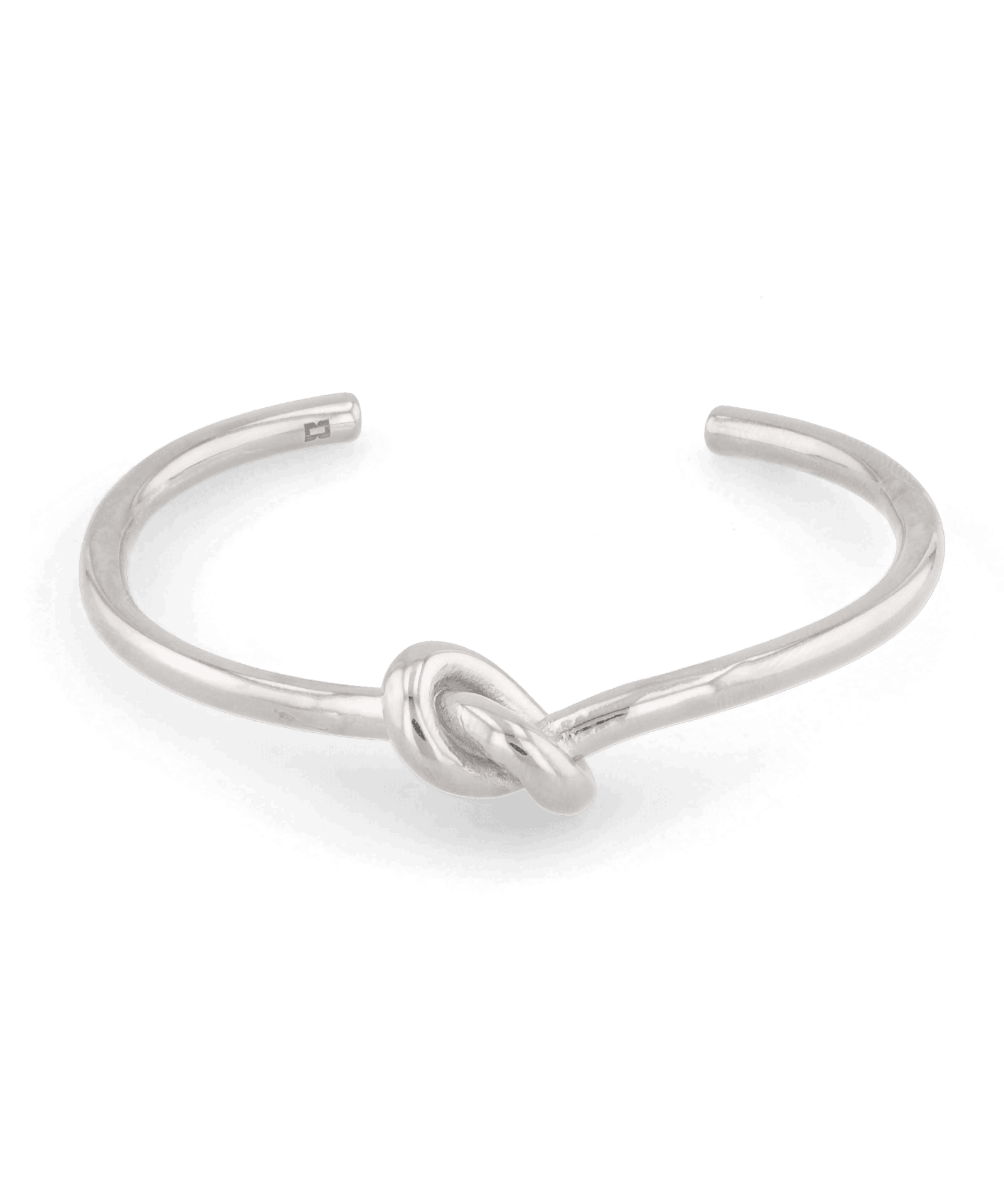Pretzel Knot Silver Cuff Bracelet by Lavana, with polished centre knot on an open cuff - 1