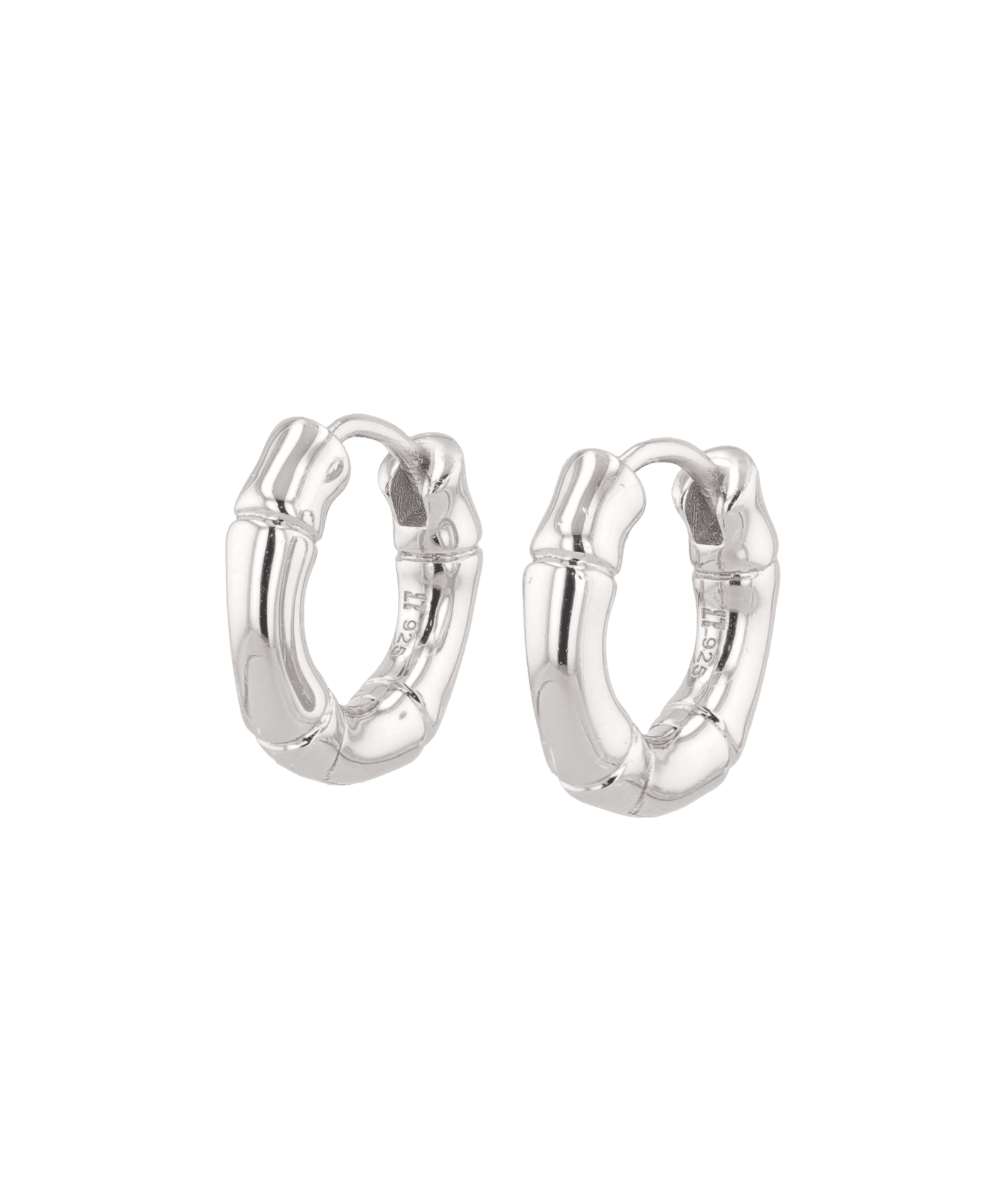 Prosperity Bamboo Silver Huggie Earrings by LAVANA, bamboo textured ridges with a compact thick profile