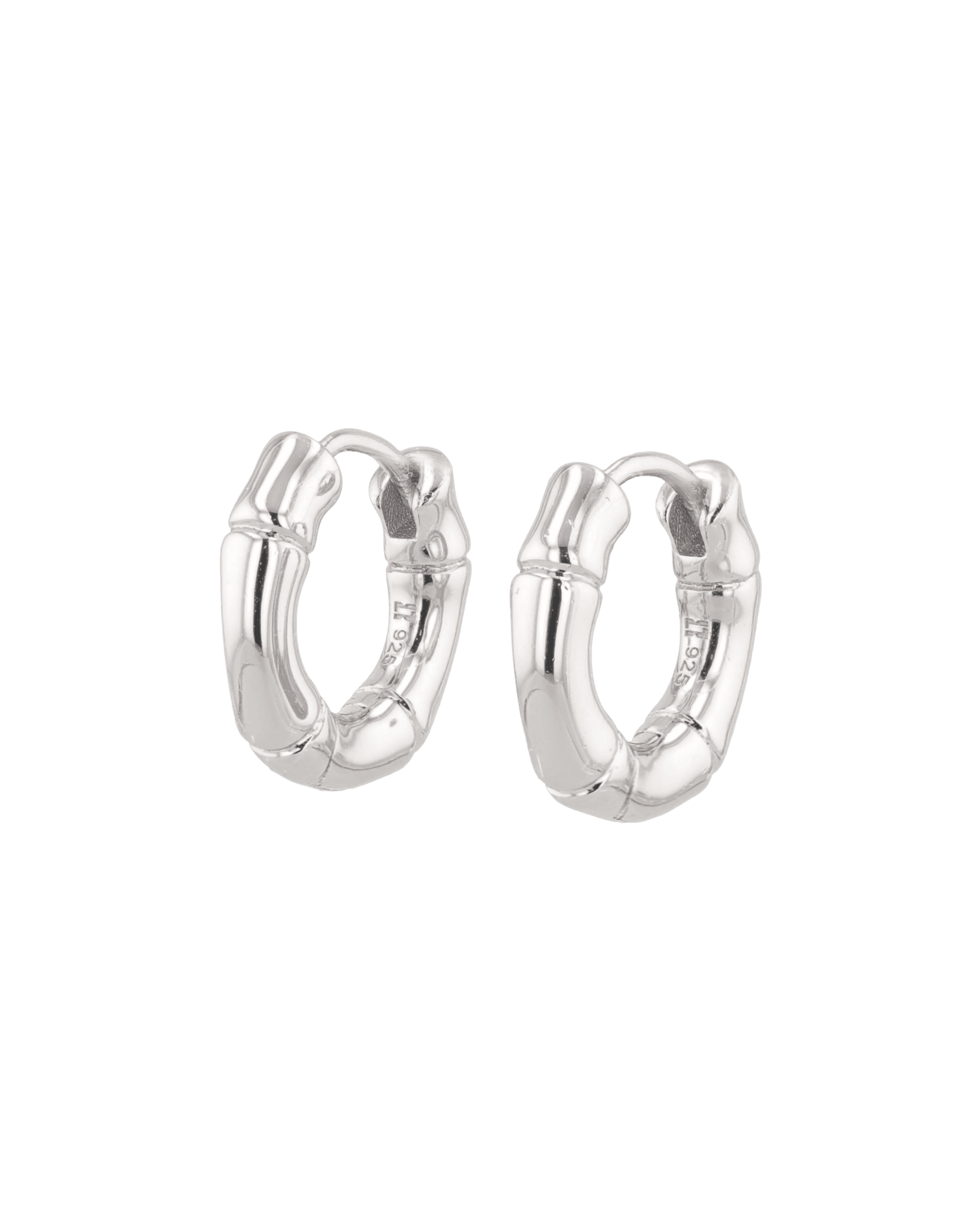 Prosperity Bamboo Silver Huggie Earrings by LAVANA, bamboo textured ridges with a compact thick profile