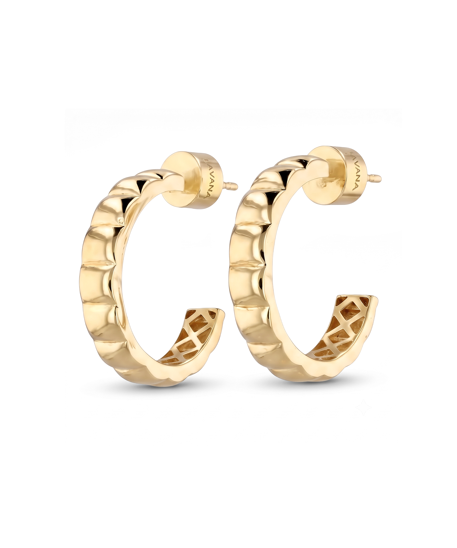 Puffy Cubic Gold Hoop Earrings by Lavana with bold squared dome profile