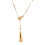 Raindrop Gold Lariat Necklace by Lavana, fine chain with polished twin droplet Y pendant, angled view