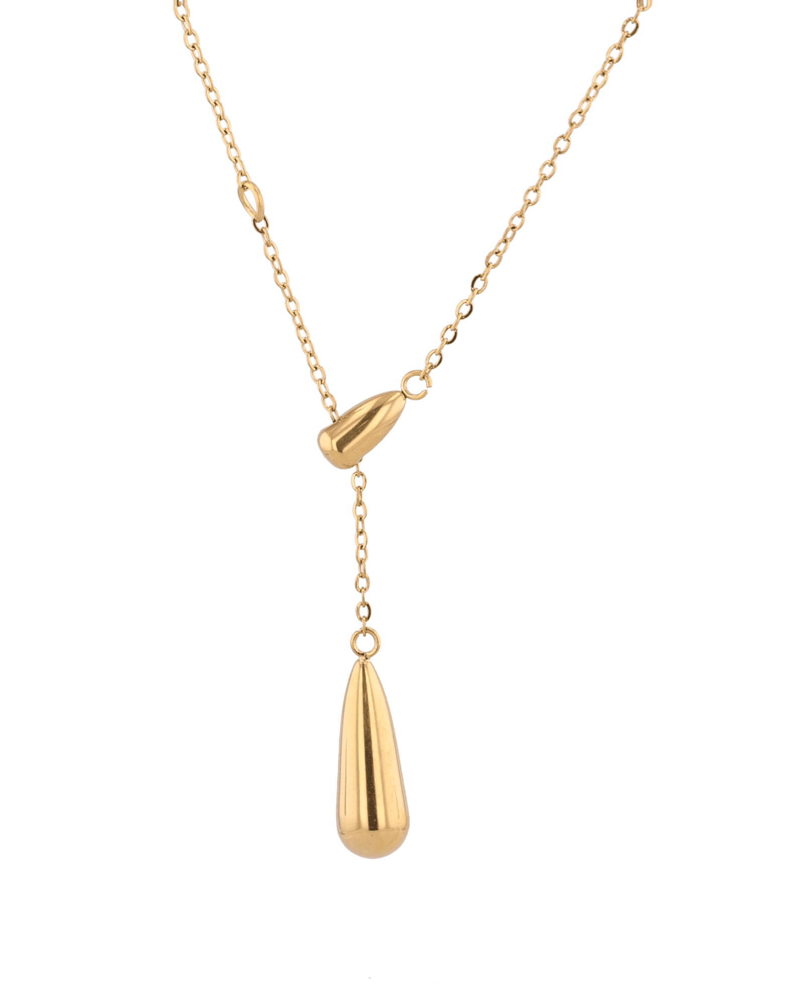 Raindrop Gold Lariat Necklace by Lavana, fine chain with polished twin droplet Y pendant, angled view