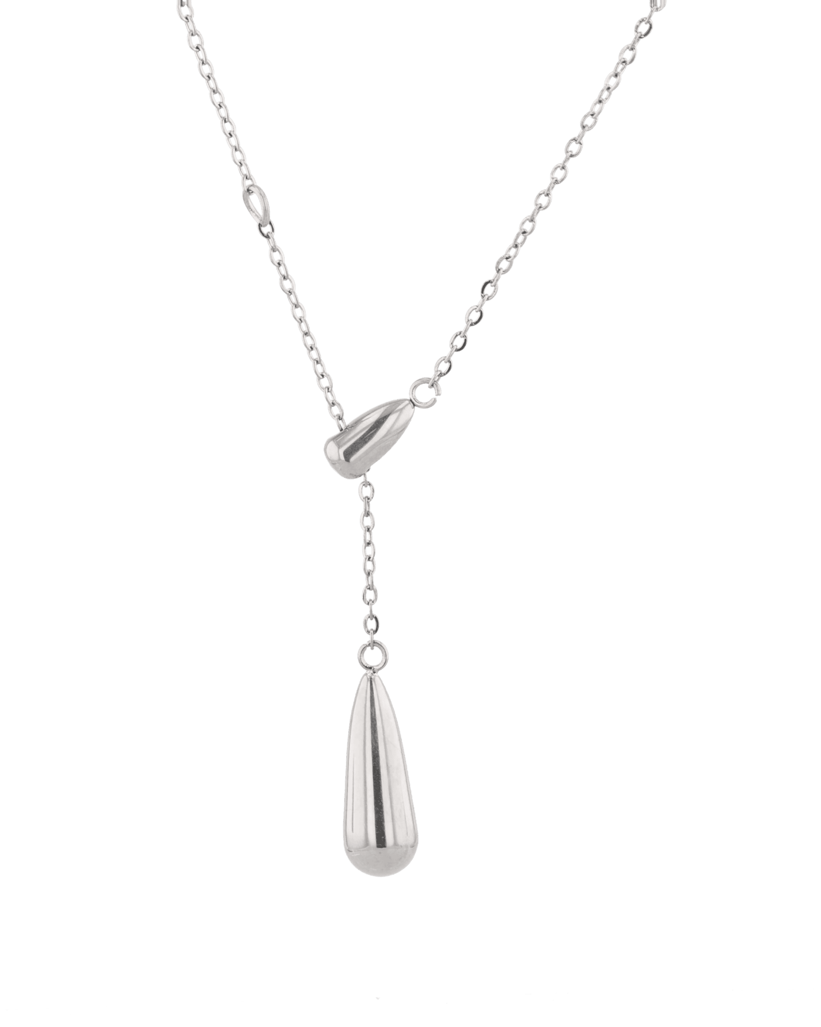 Raindrop Silver Lariat Necklace by Lavana, fine chain with polished twin droplet Y pendant, angled view