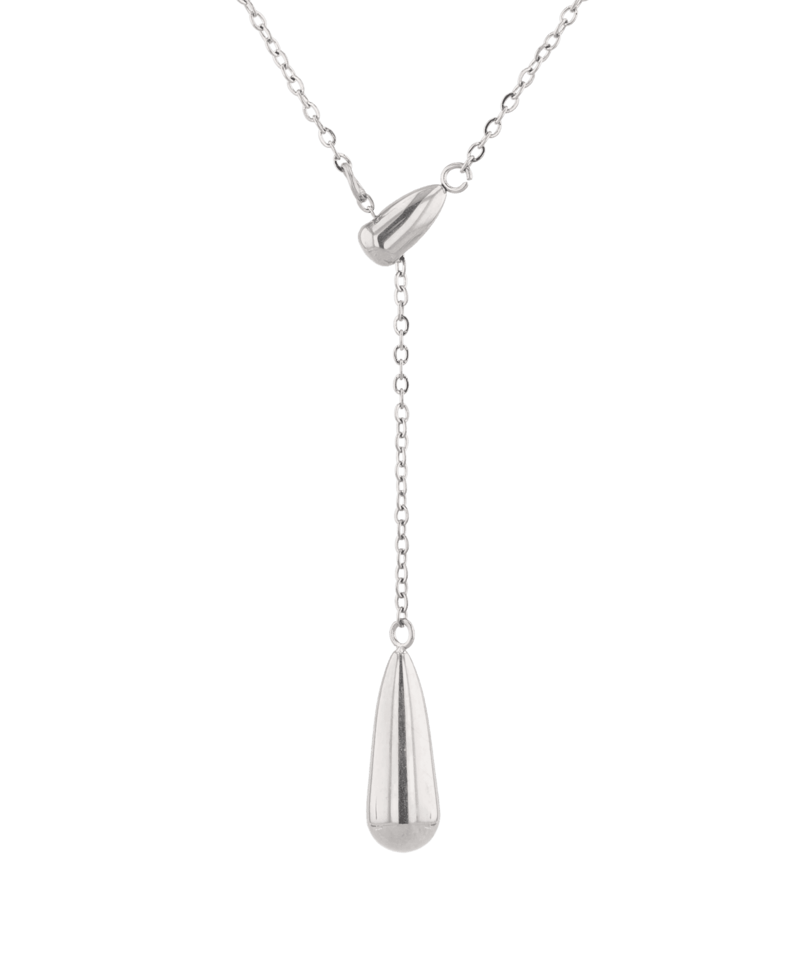 Raindrop Silver Lariat Necklace by Lavana, fine chain with polished twin droplet Y pendant, front view