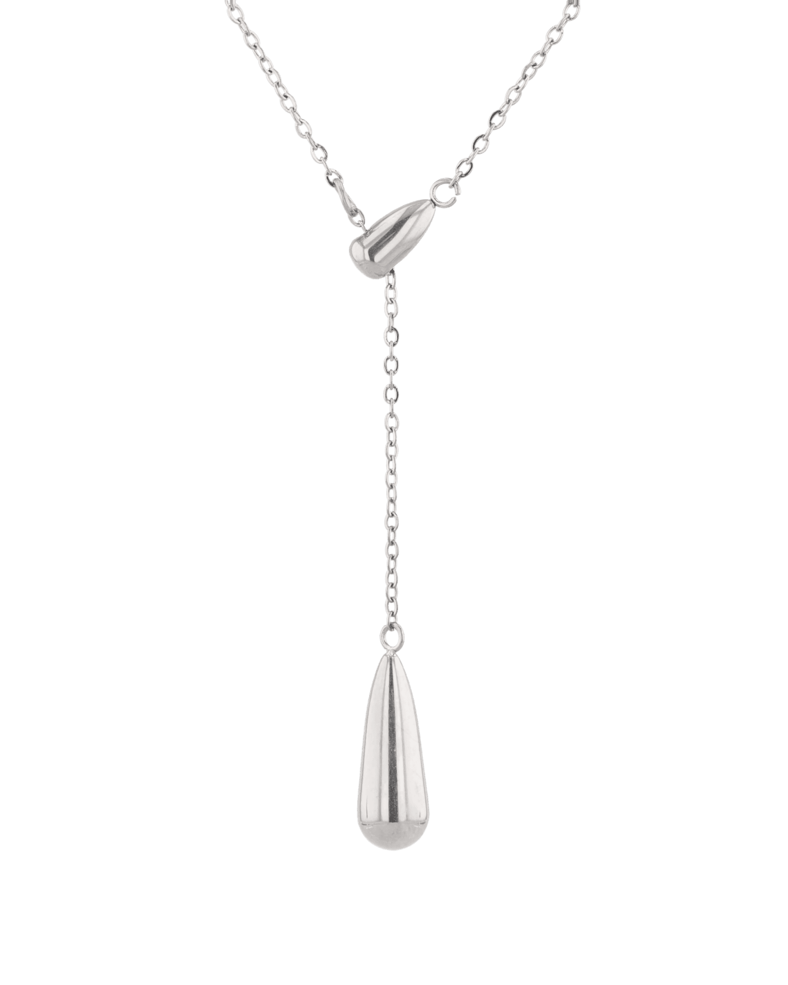 Raindrop Silver Lariat Necklace by Lavana, fine chain with polished twin droplet Y pendant, front view