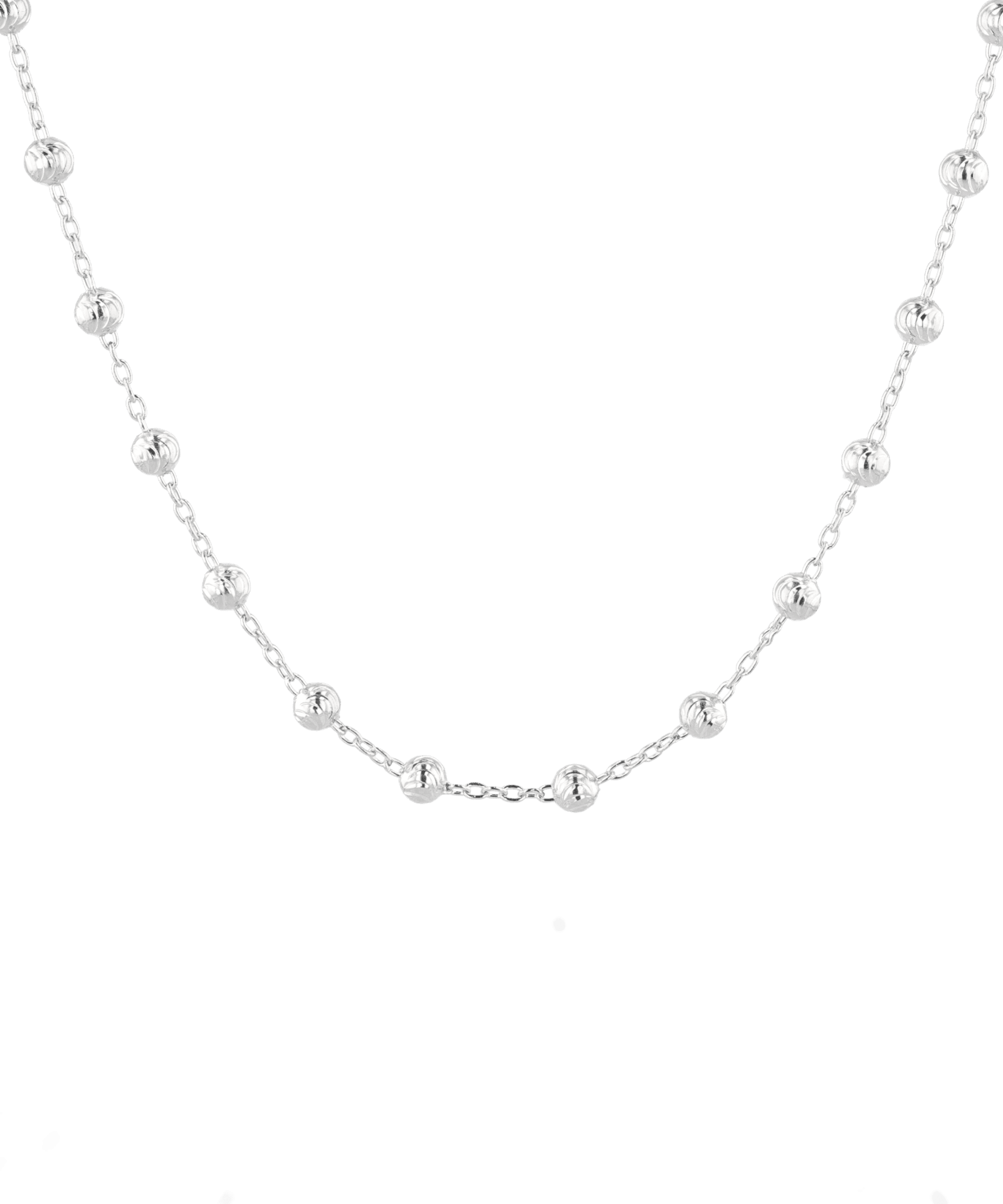 Raleigh Silver Station Chain Necklace by Lavana, with fuller bead stations along a fine chain, front view