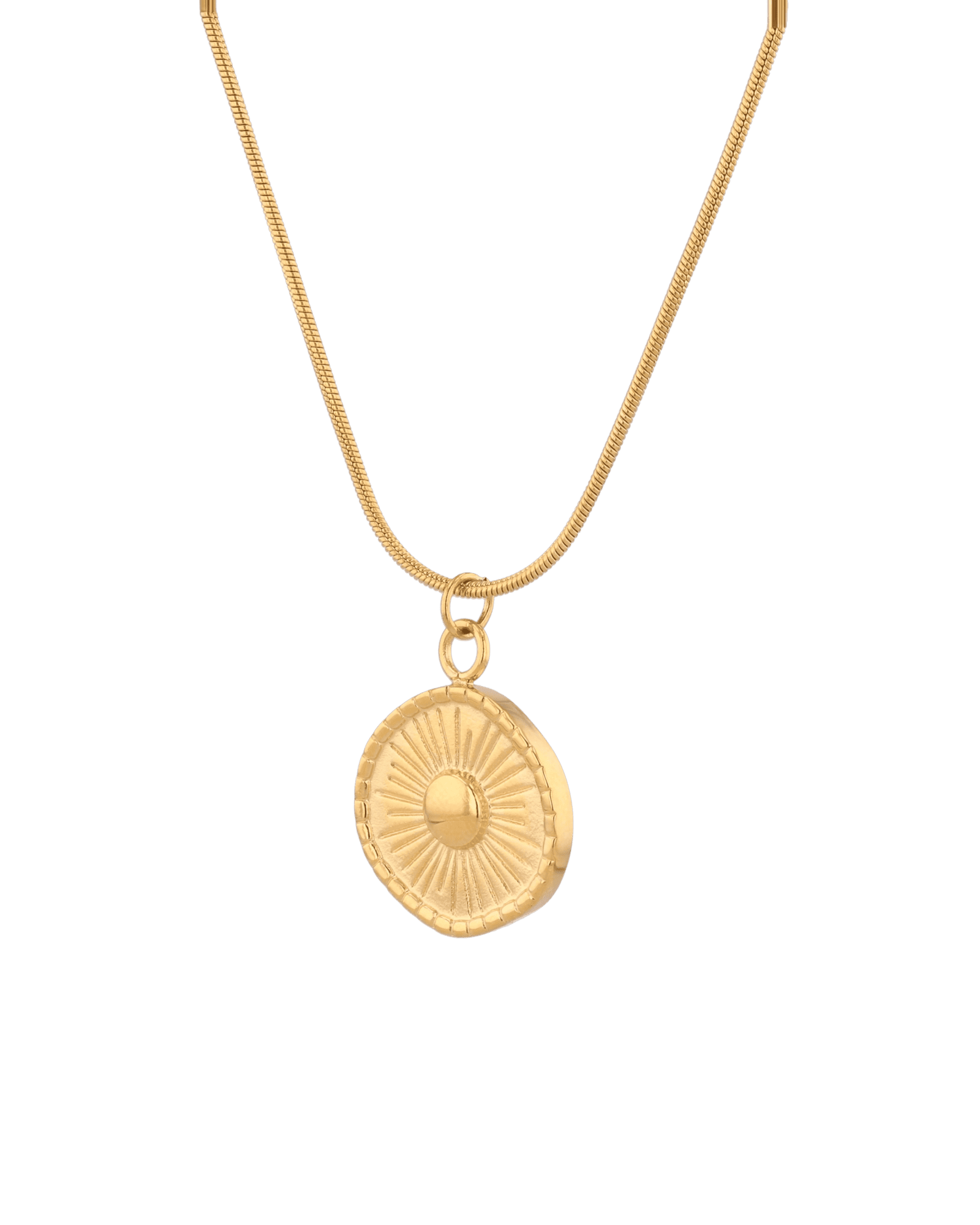 Ray of Sun Gold Pendant Necklace by Lavana, engraved sunburst coin, angled view