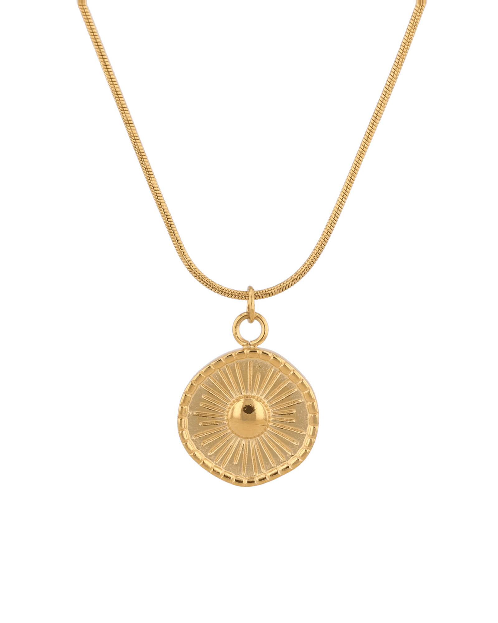 Ray of Sun Gold Pendant Necklace by Lavana, engraved sunburst coin, front view