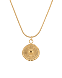 Ray of Sun Gold Pendant Necklace by Lavana, engraved sunburst coin, front view