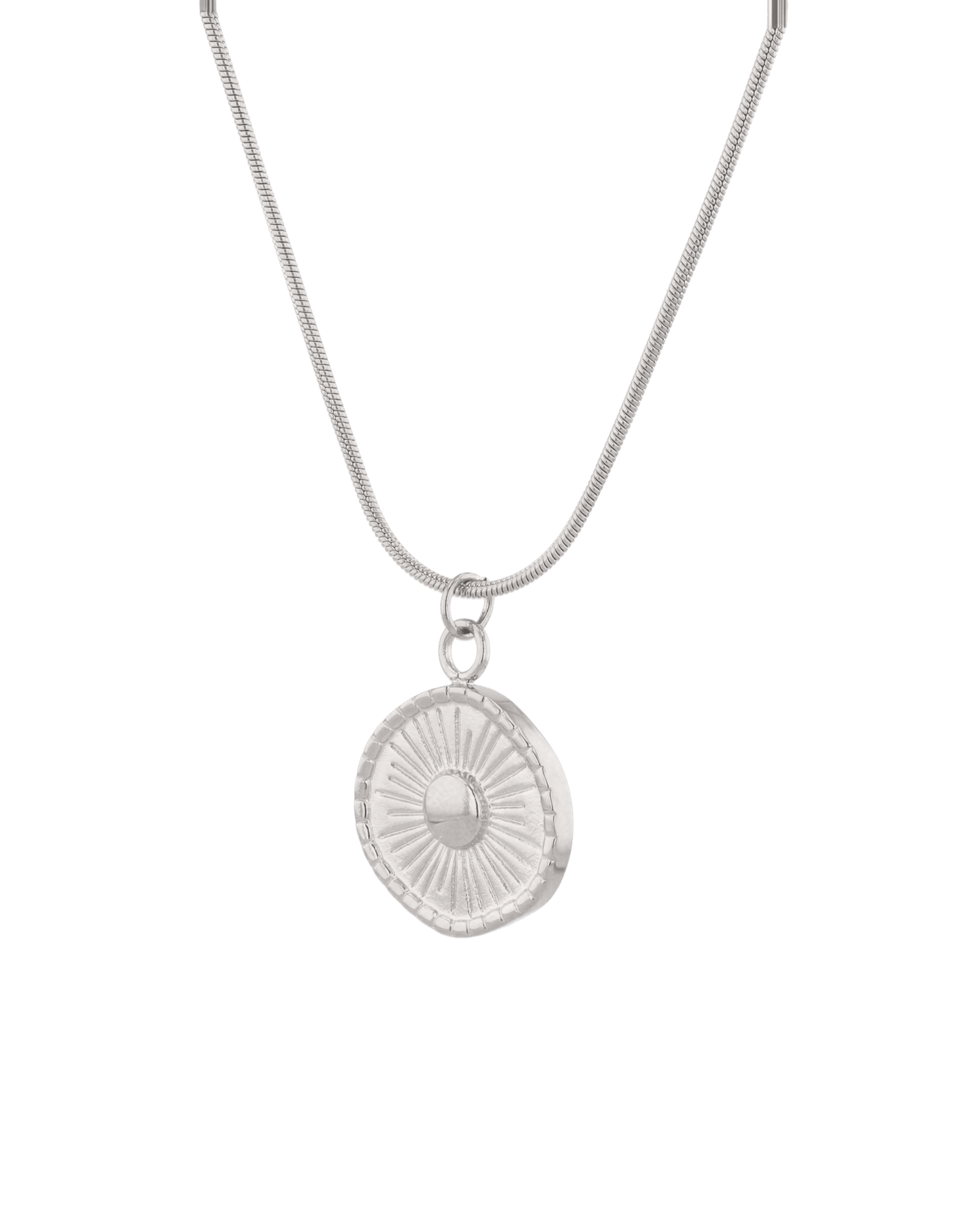 Ray of Sun Silver Pendant Necklace by Lavana, engraved sunburst coin, angled view