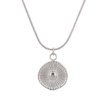 Ray of Sun Silver Pendant Necklace by Lavana, engraved sunburst coin, front view