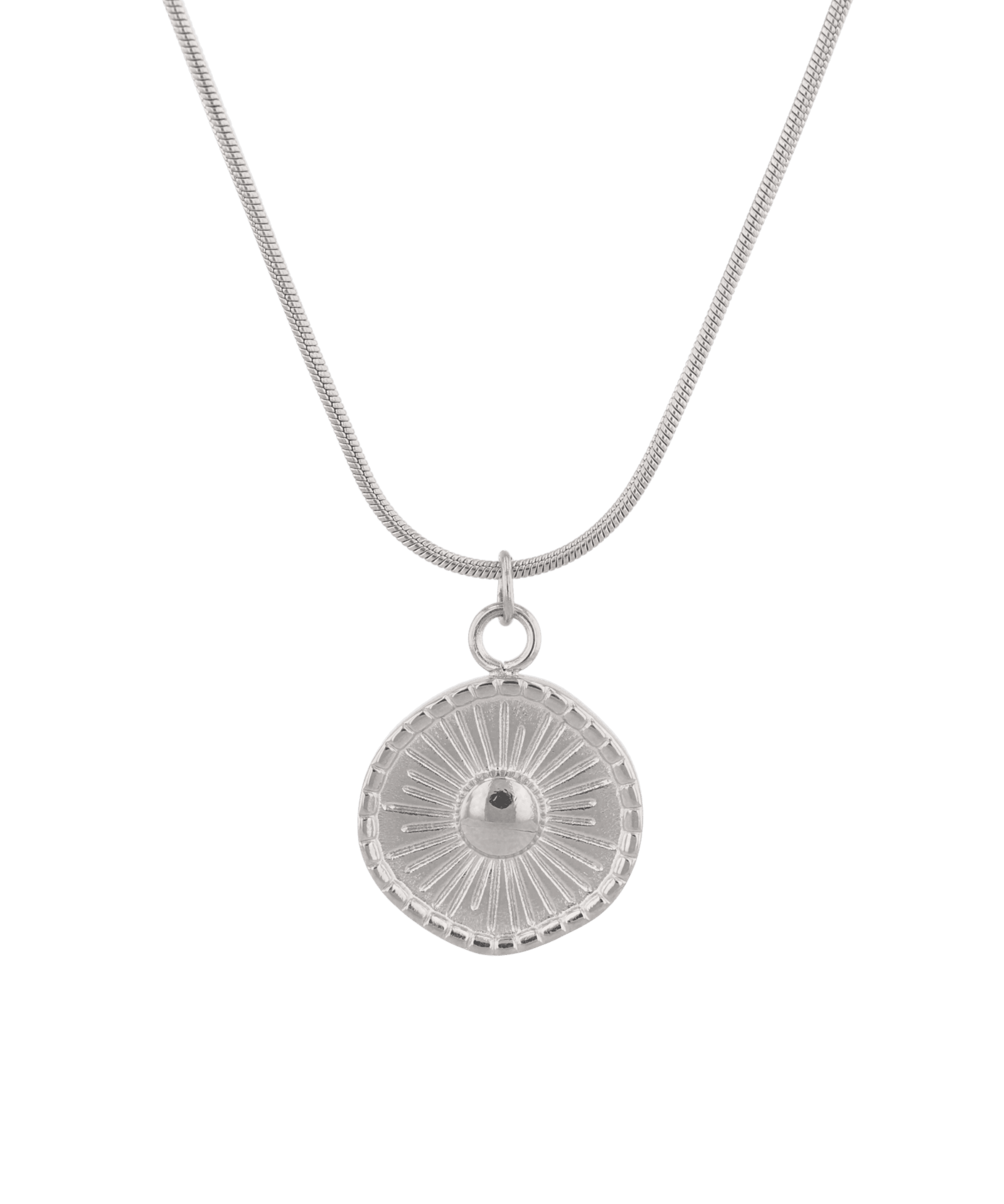 Ray of Sun Silver Pendant Necklace by Lavana, engraved sunburst coin, front view