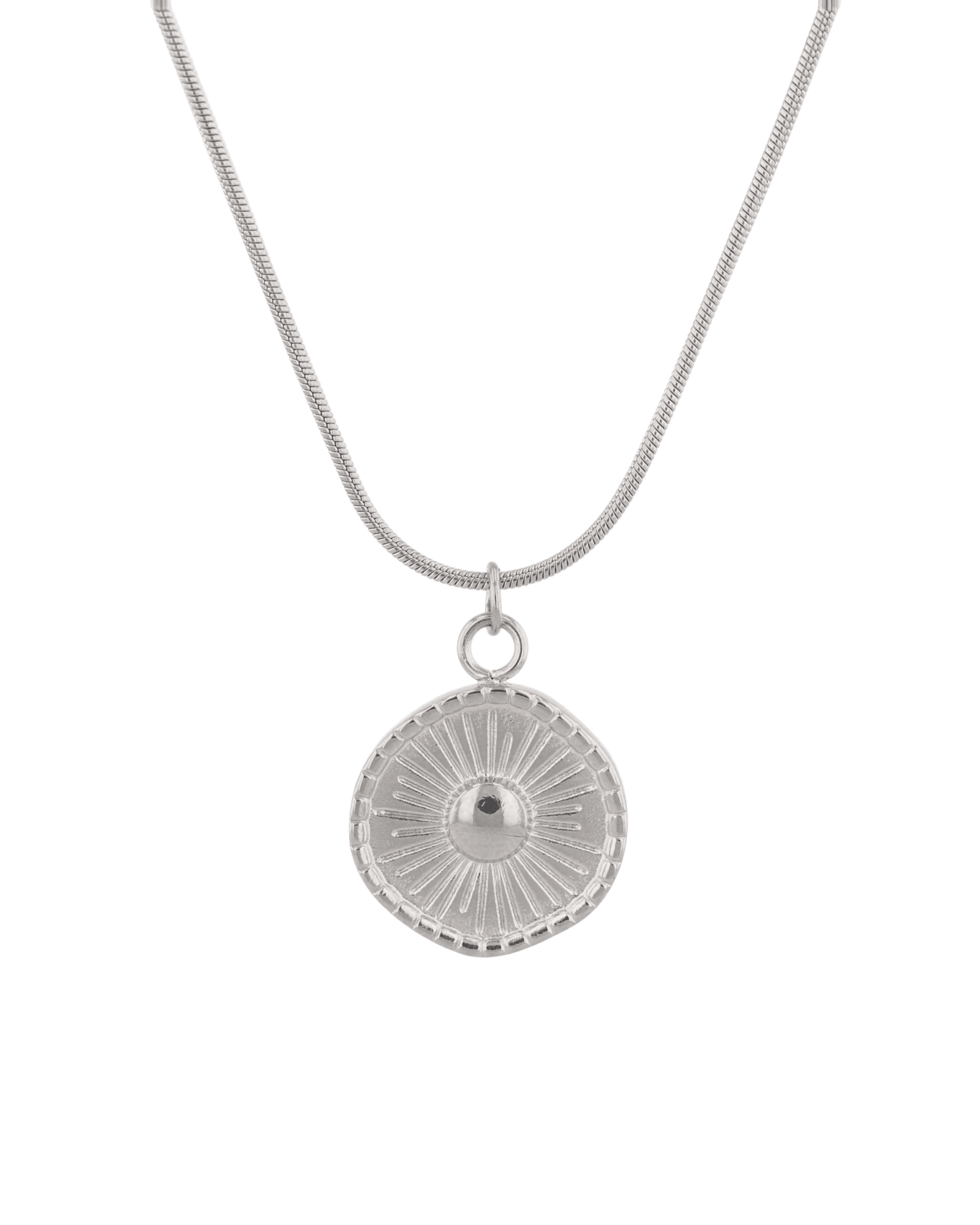 Ray of Sun Silver Pendant Necklace by Lavana, engraved sunburst coin, front view