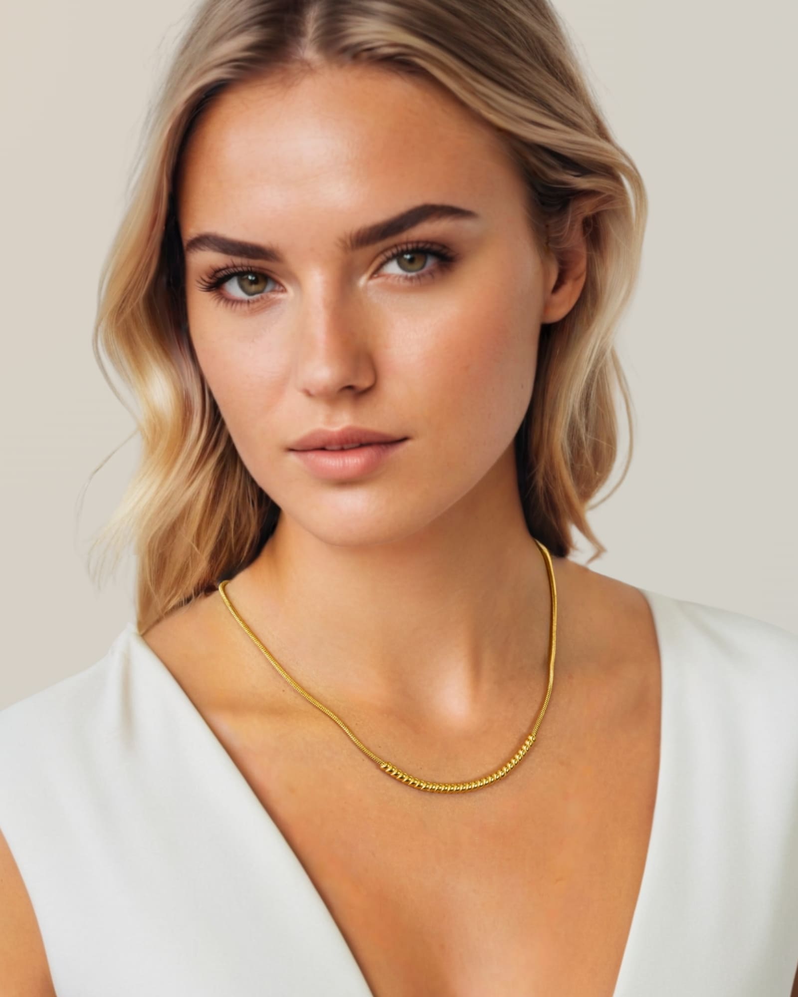 Reflection Gold Chain Necklace by Lavana, on model; polished curved bar on fine chain