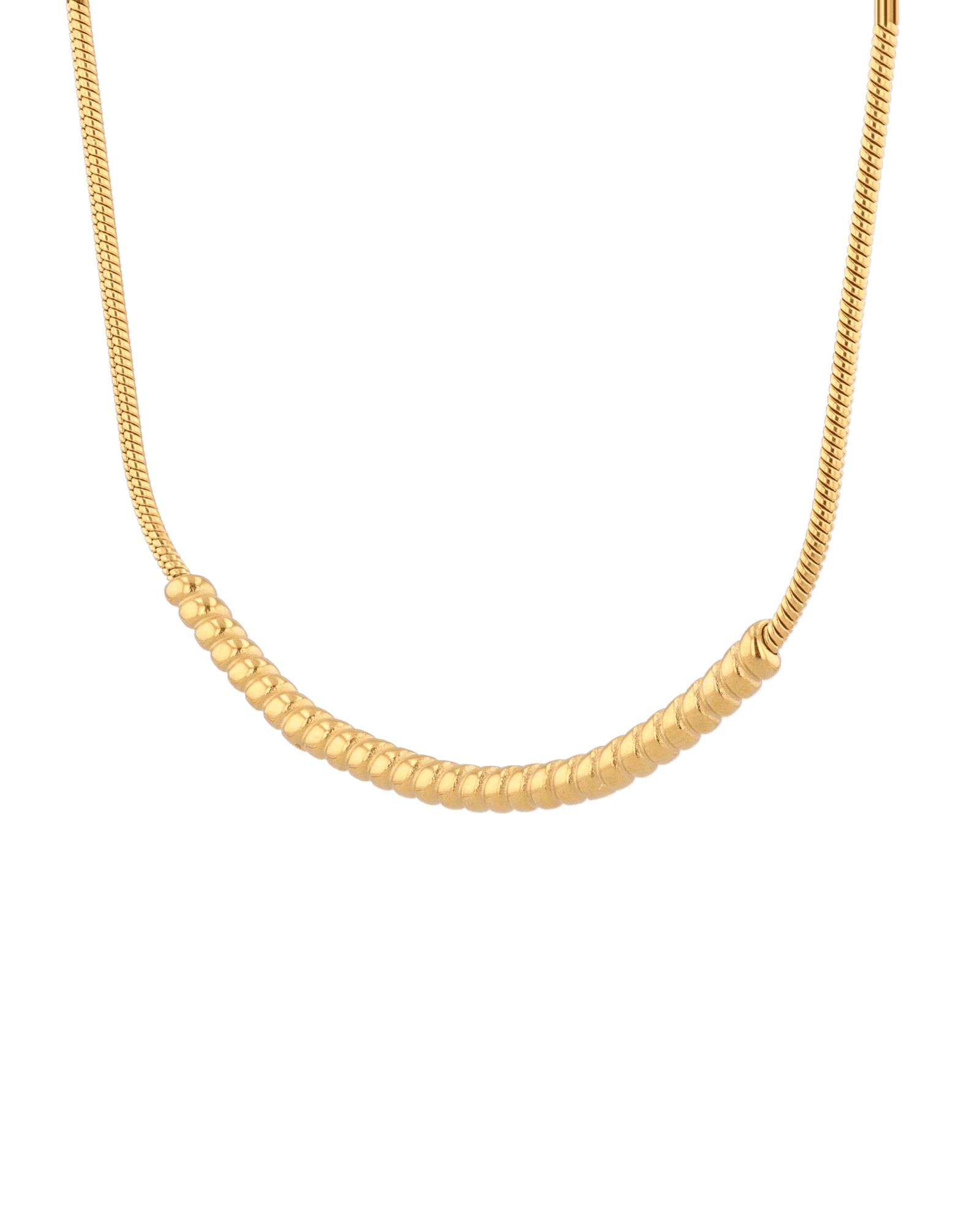 Reflection Gold Chain Necklace by Lavana, with polished curved bar on fine chain, angle view