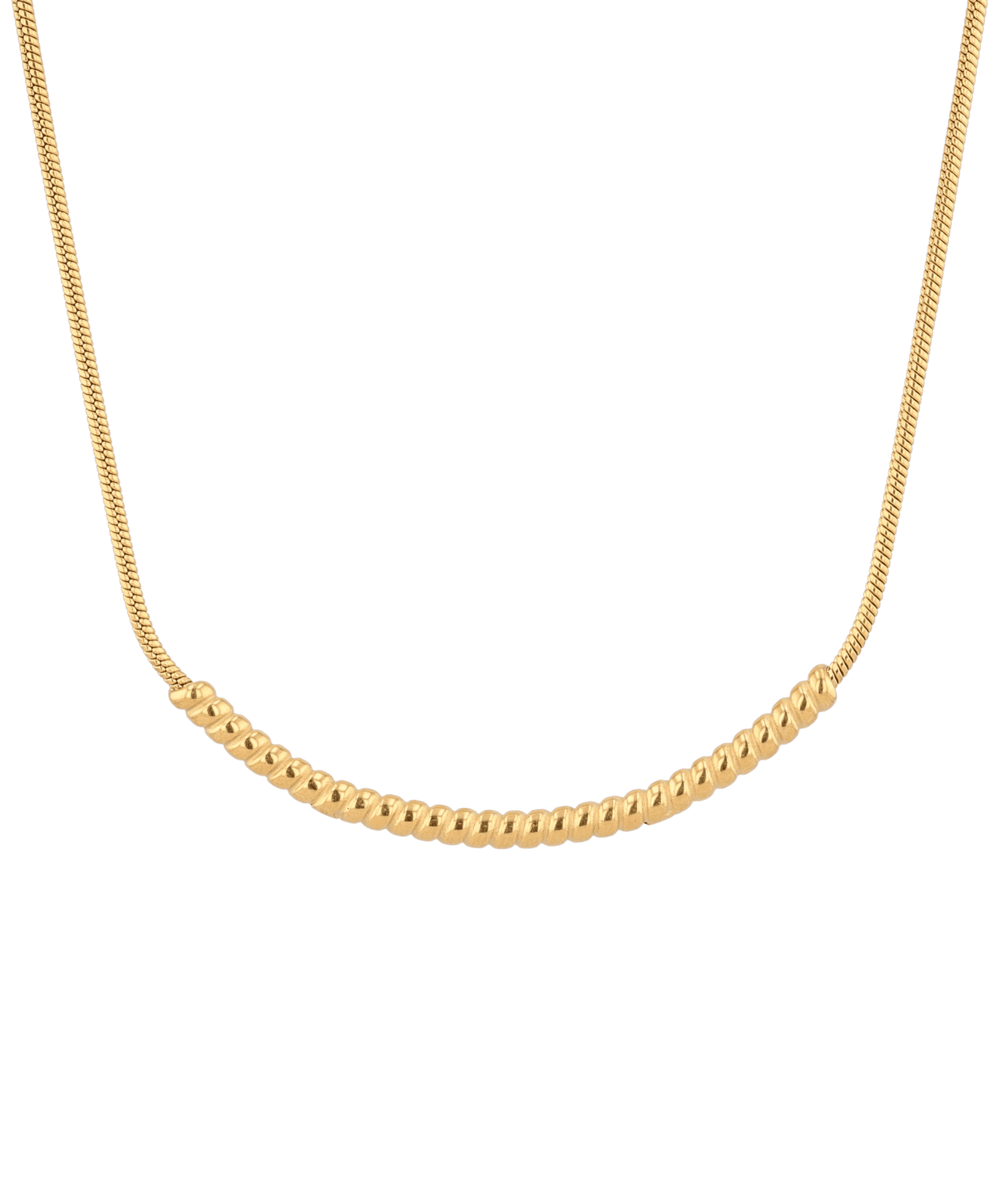 Reflection Gold Chain Necklace by Lavana, with polished curved bar on fine chain, front view