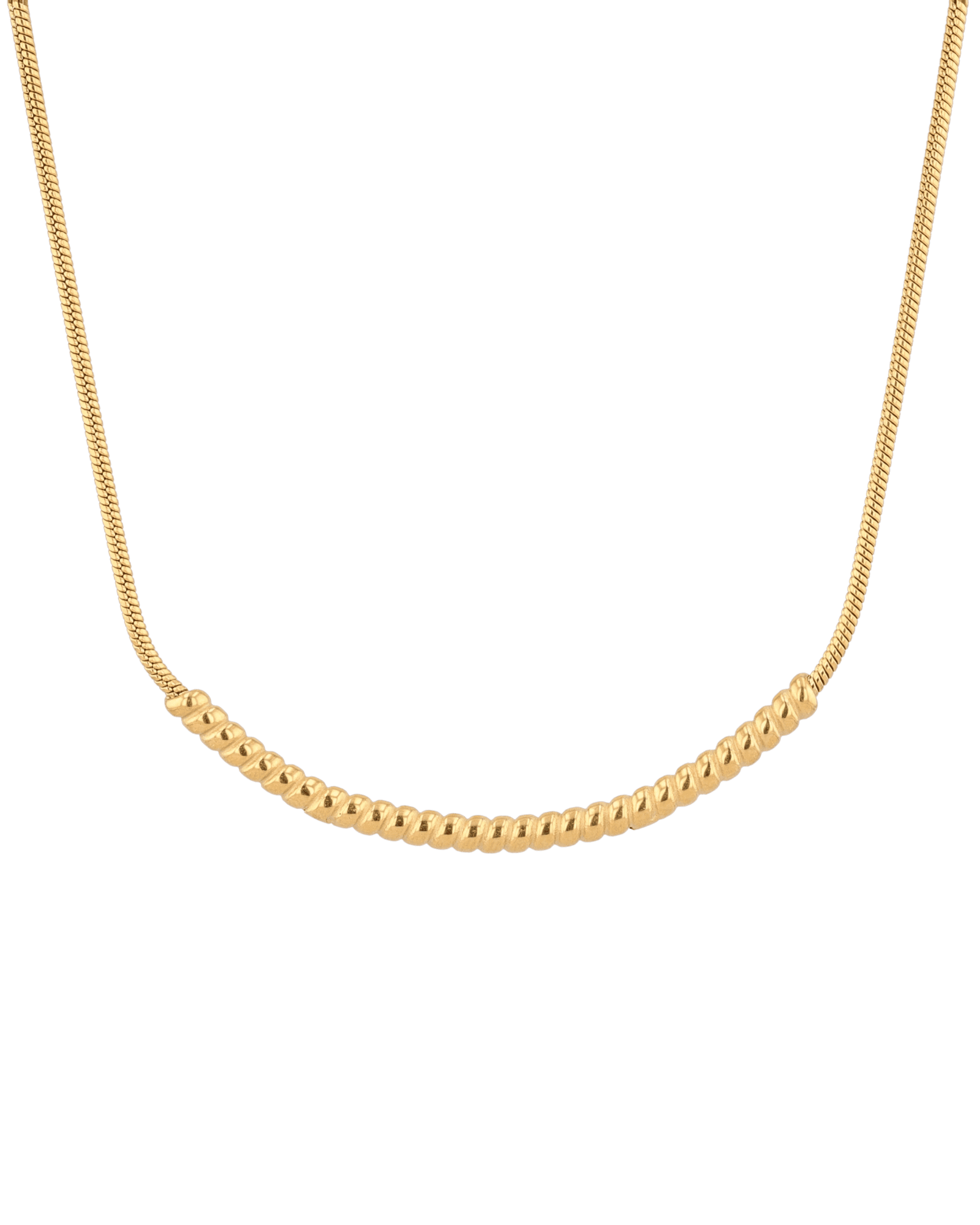 Reflection Gold Chain Necklace by Lavana, with polished curved bar on fine chain, front view