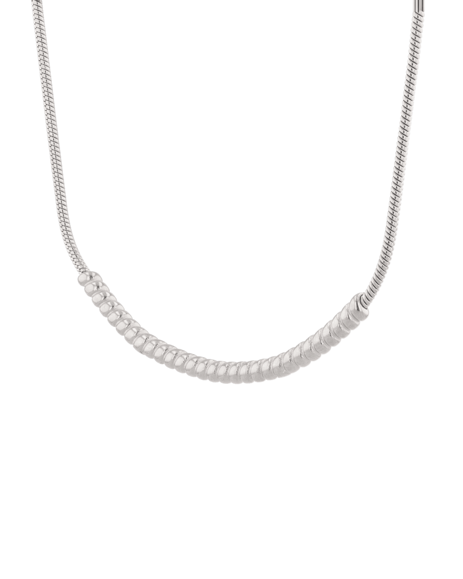 Reflection Silver Chain Necklace by Lavana, with polished curved bar on fine chain, angle view