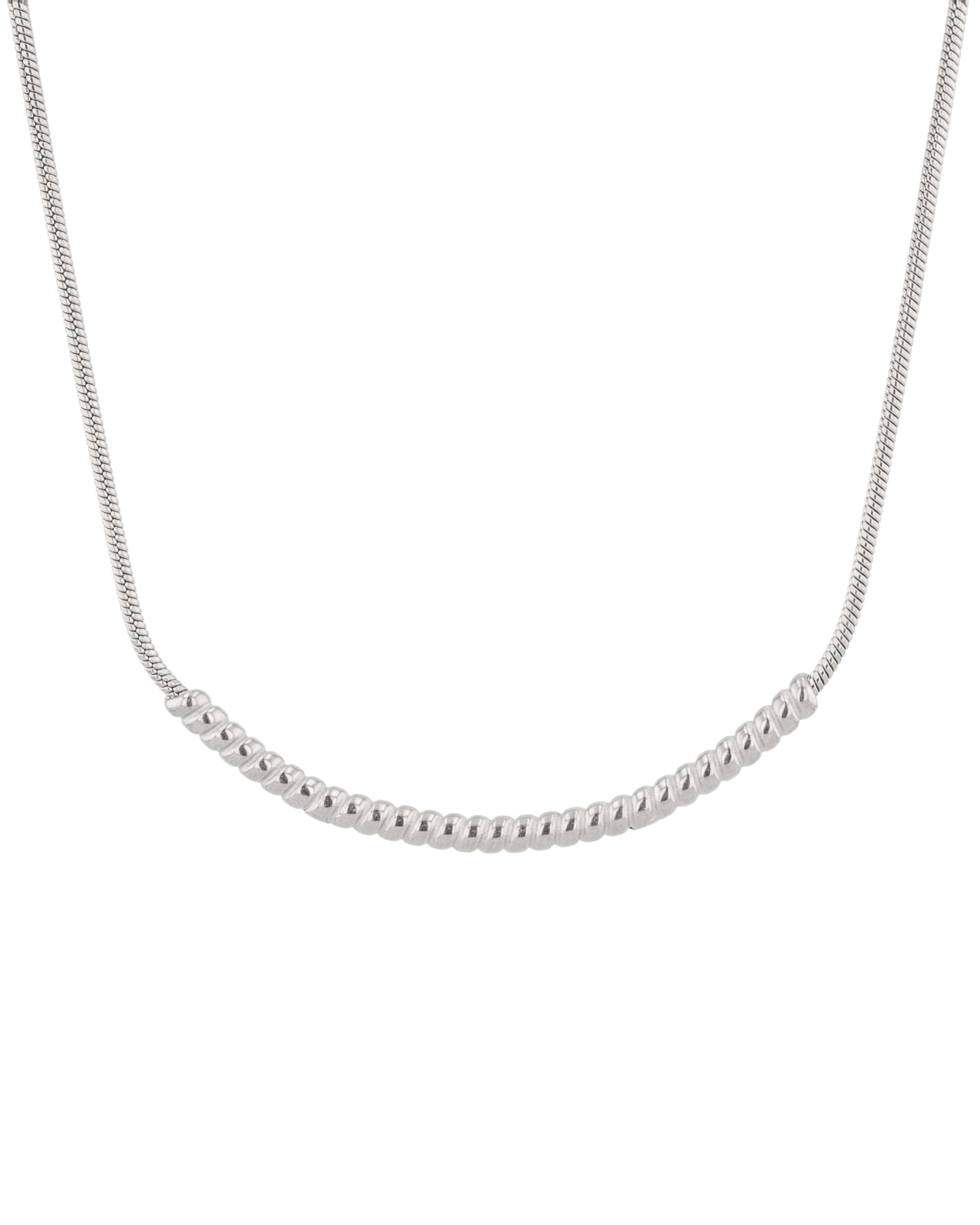 Reflection Silver Chain Necklace by Lavana, with polished curved bar on fine chain, front view