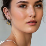 Reflection Two Tone Hoop Earrings by Lavana on model textured rope oval with silver top and gold base