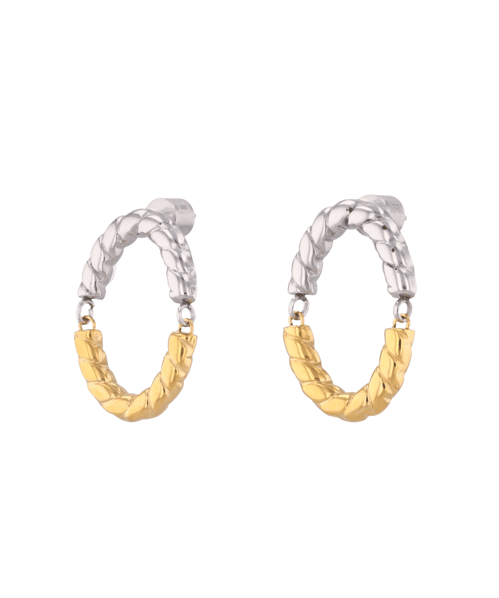 Reflection Two Tone Hoop Earrings by Lavana, textured rope oval with silver top and gold base