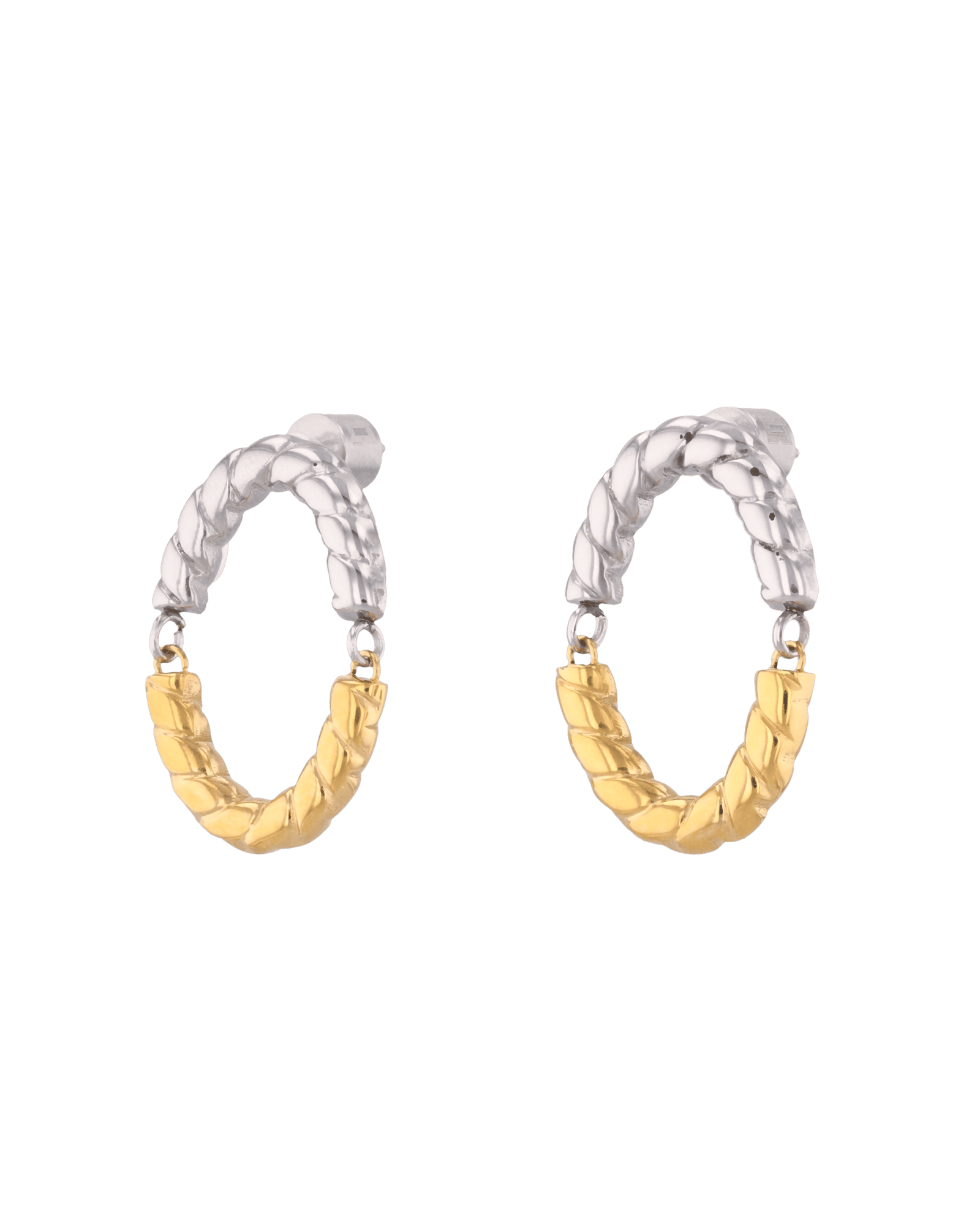 Reflection Two Tone Hoop Earrings by Lavana, textured rope oval with silver top and gold base