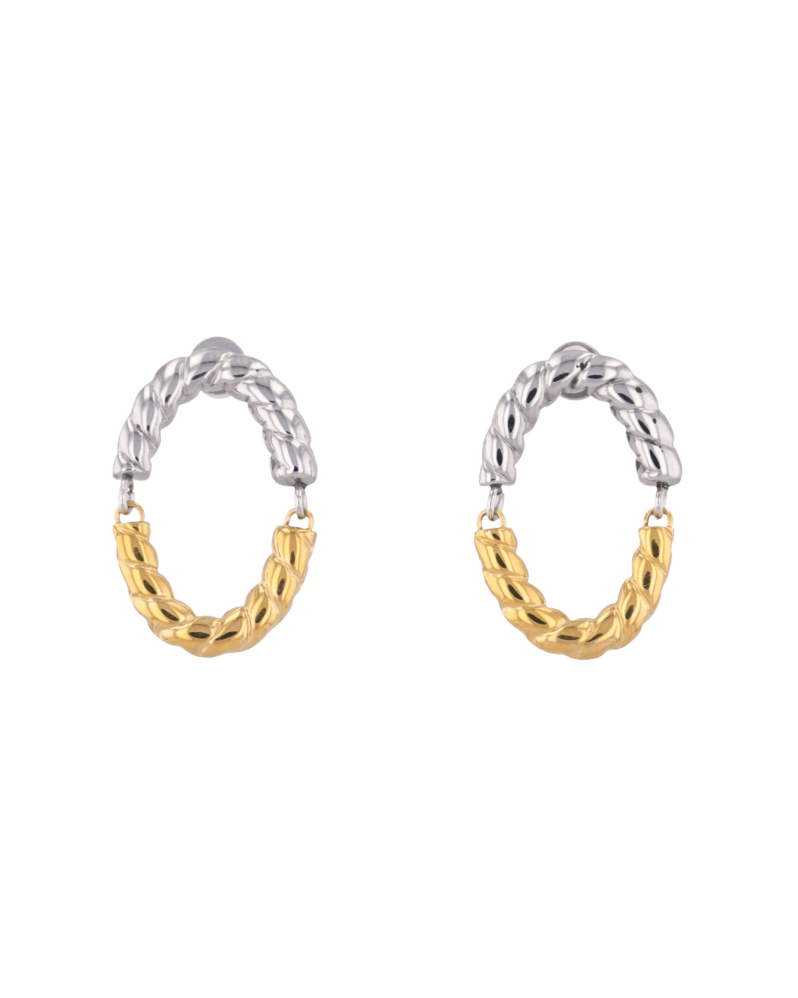 Reflection Two Tone Hoop Earrings by Lavana, textured rope oval with silver top and gold base