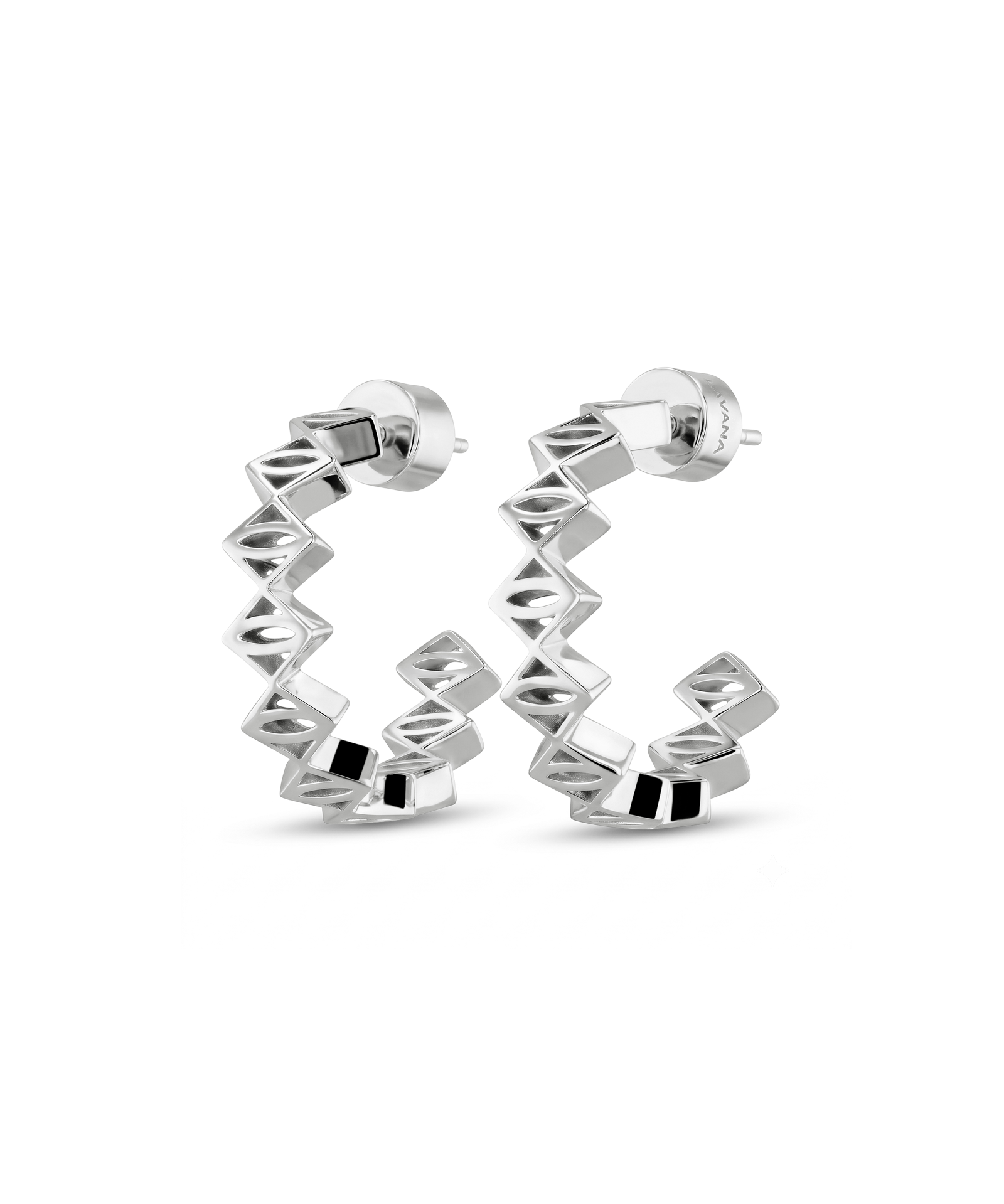 Rhombus Geometric Silver Hoop Earrings by Lavana with stacked rhombus prism shapes
