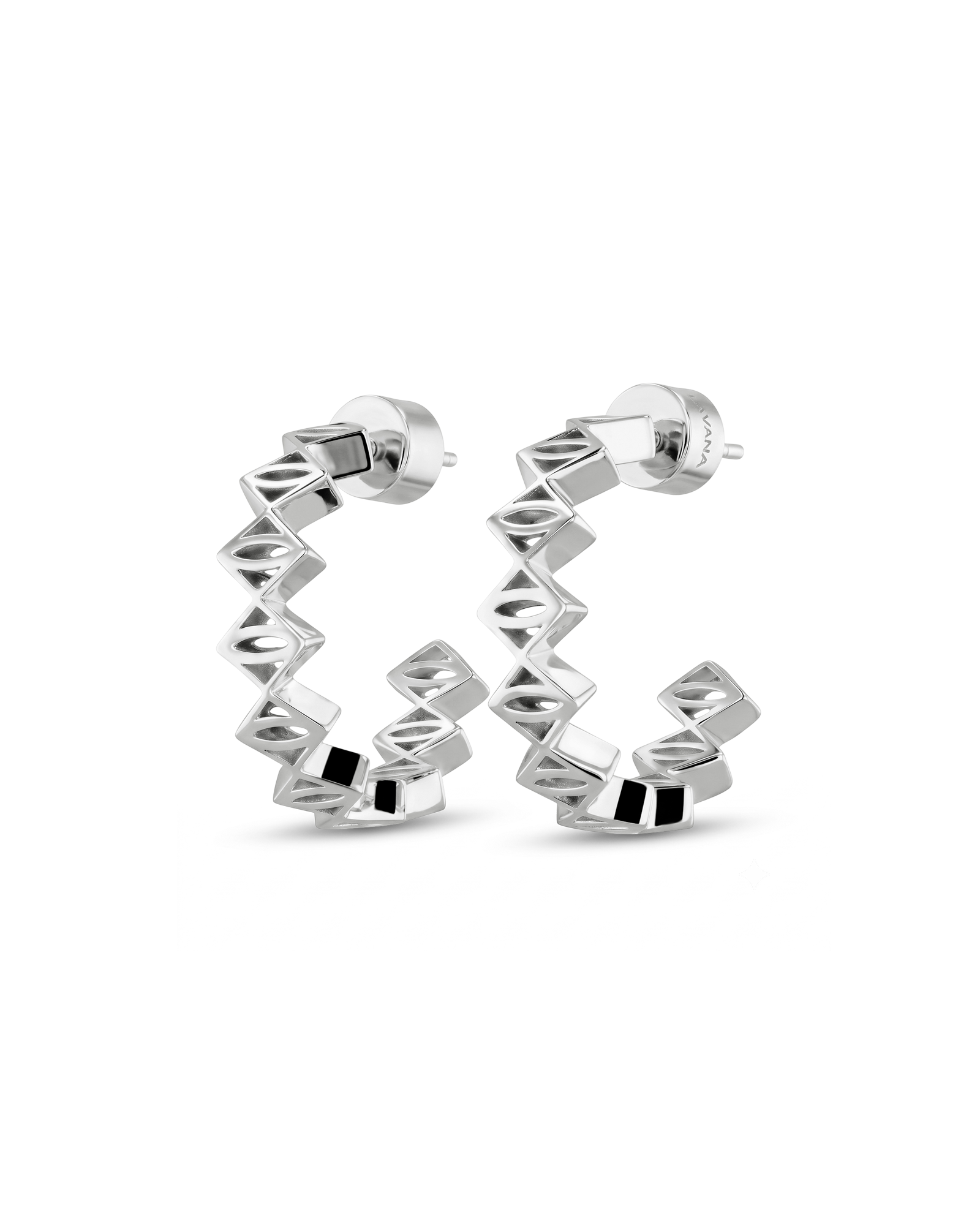 Rhombus Geometric Silver Hoop Earrings by Lavana with stacked rhombus prism shapes