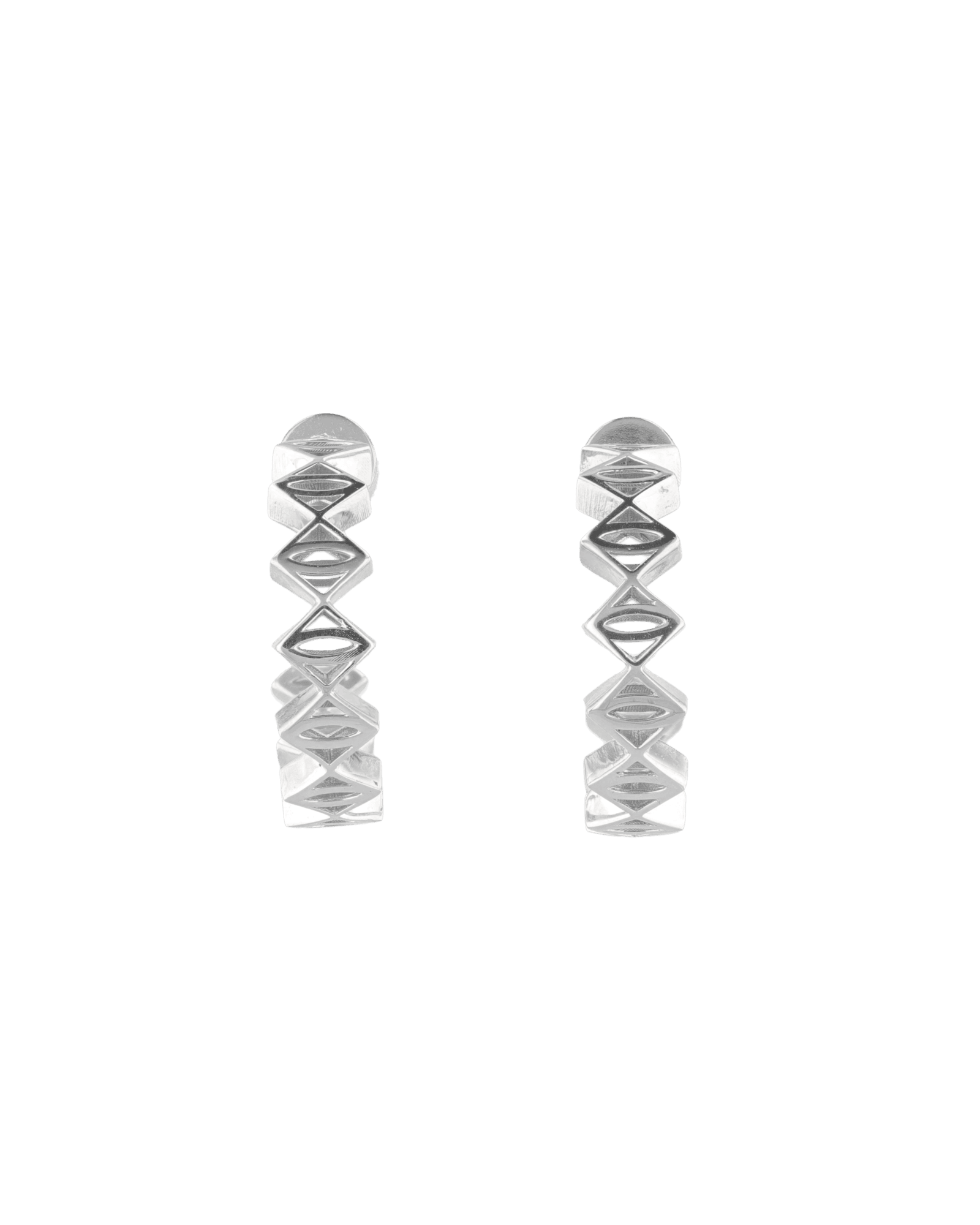 Rhombus Geometric Silver Hoop Earrings by Lavana with stacked rhombus prism shapes