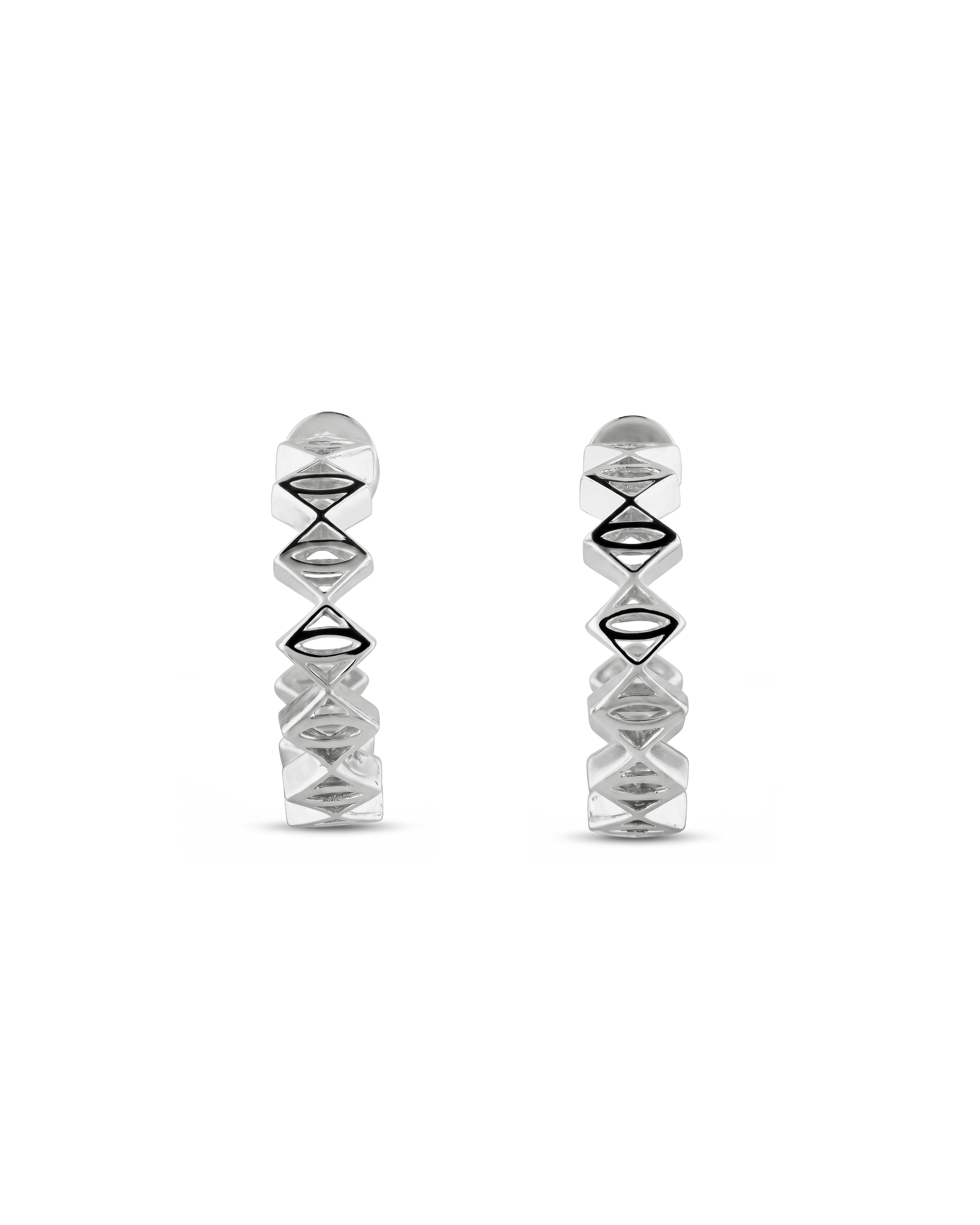 Rhombus Geometric Silver Hoop Earrings by Lavana with stacked rhombus prism shapes
