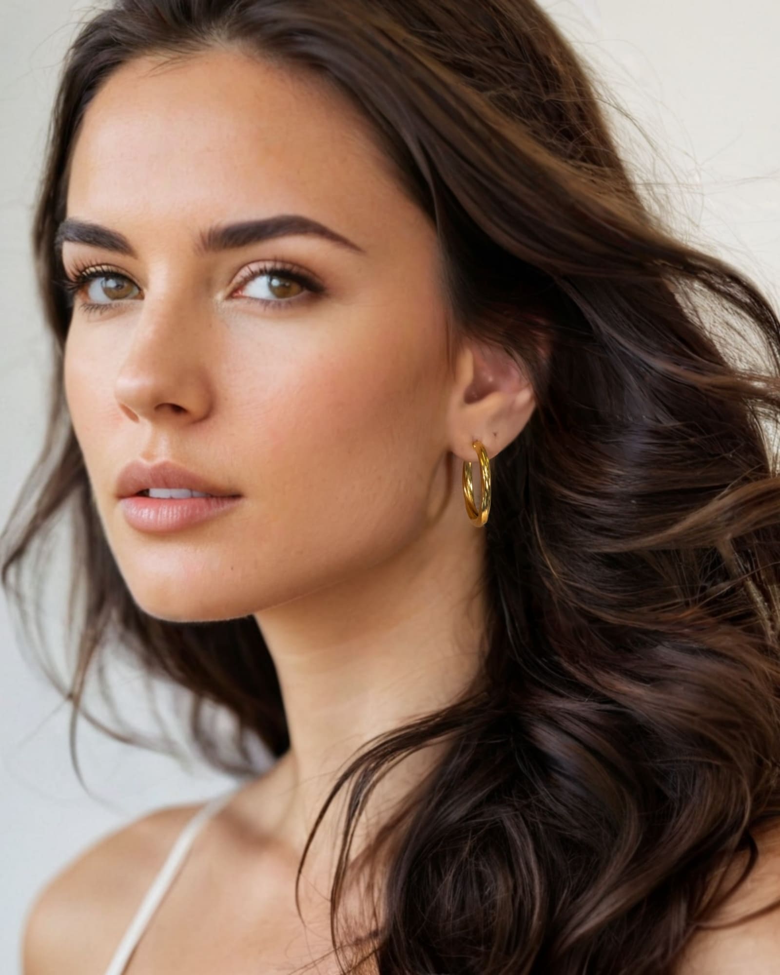 Rhythm Gold Hoop Earrings Large by Lavana on model wide polished hoop with light textured grooves