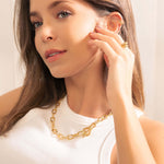 Riviera gold textured link necklace by Lavana, on model with modern toggle loop clasp
