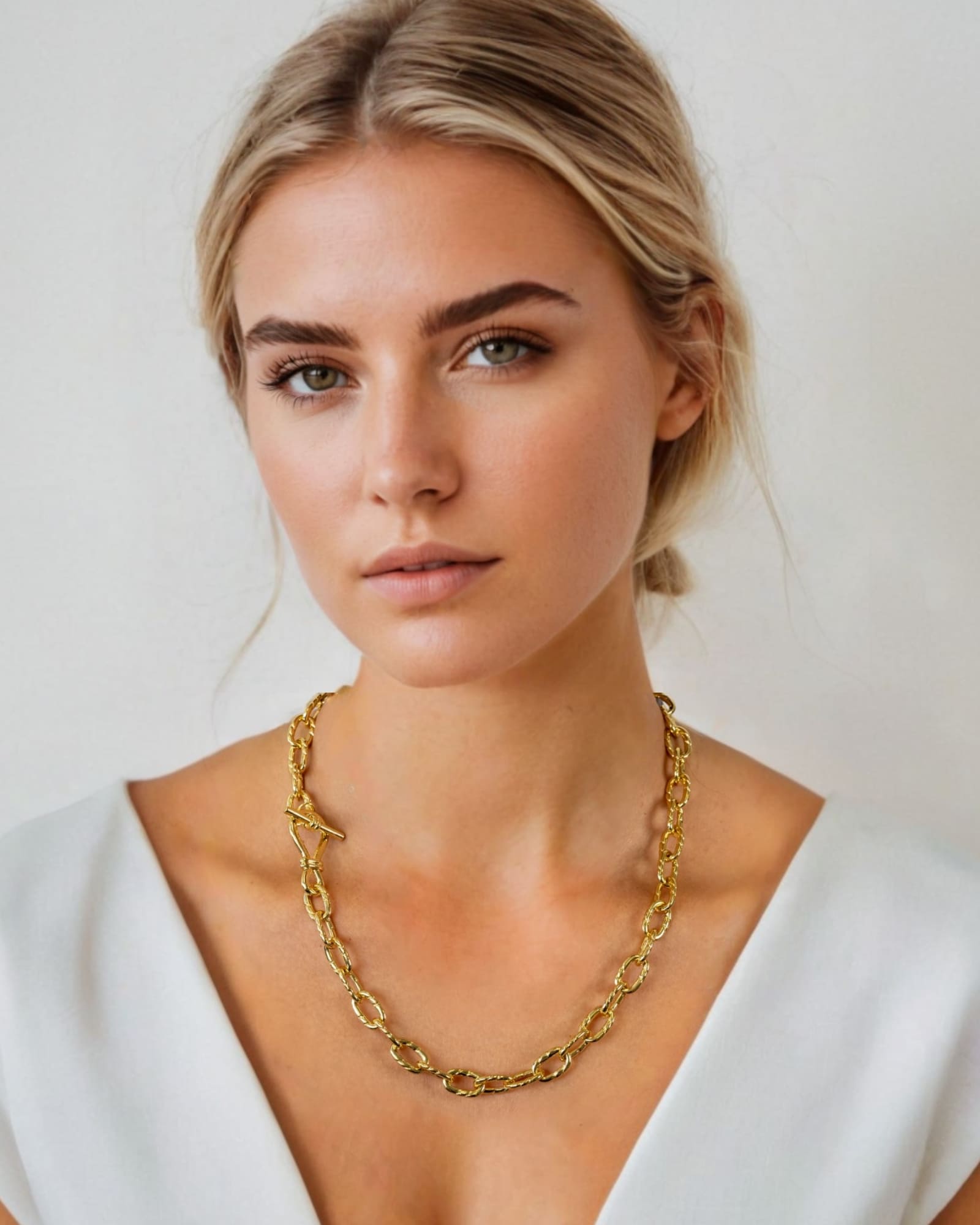 Riviera gold textured link necklace by Lavana, on model; with toggle loop clasp
